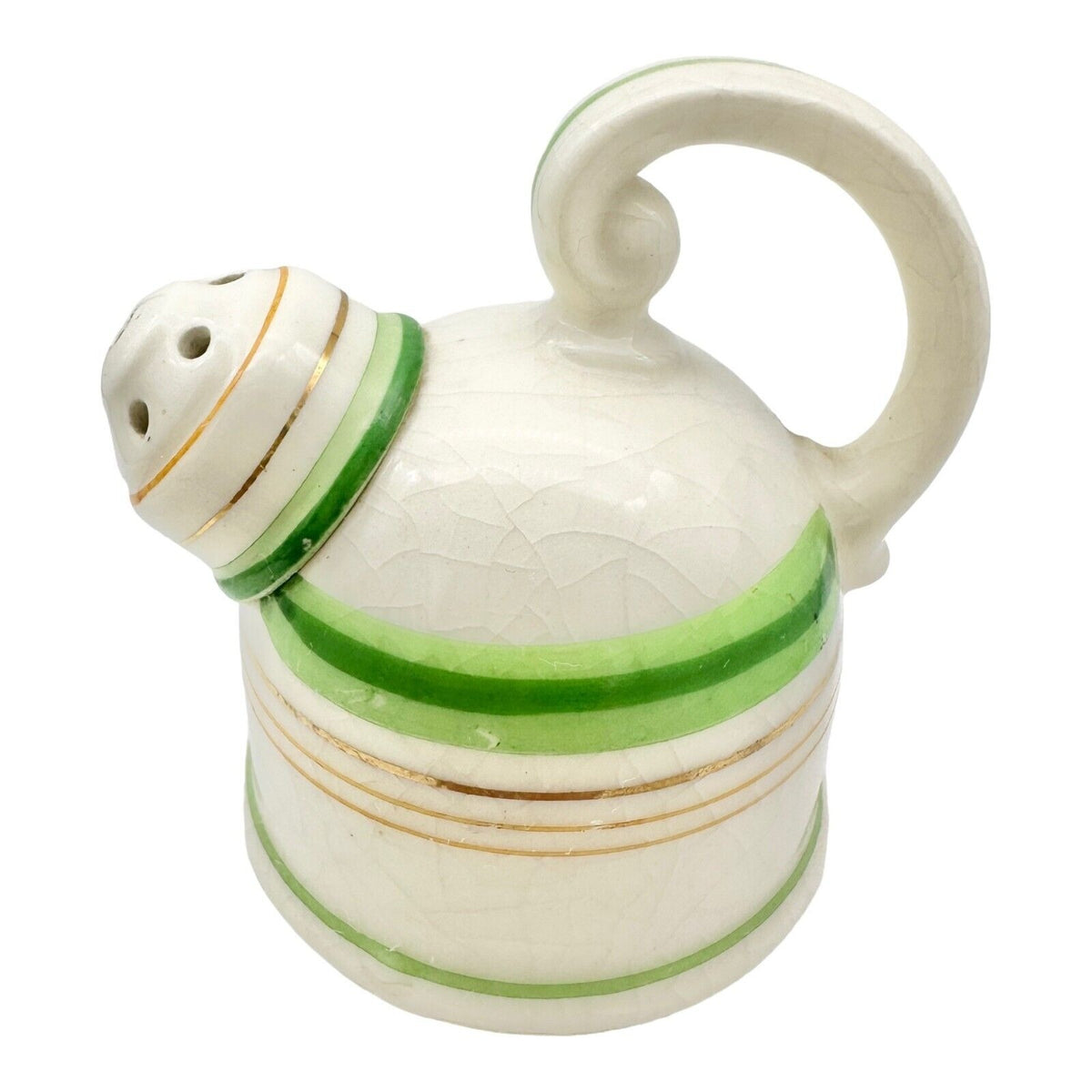 Vintage 3pc Salt & Pepper Shakers & Tray White Ceramic Green & Gold Lines Japan