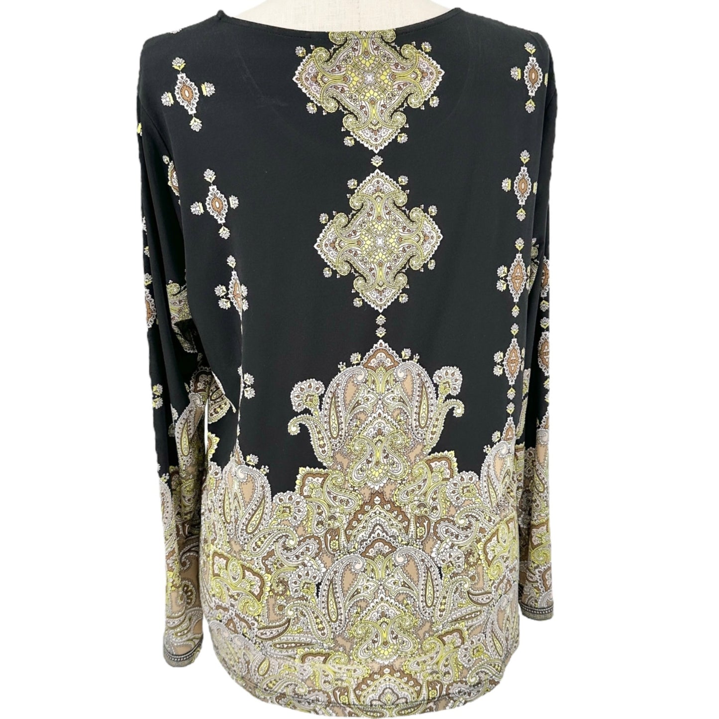 Susan Graver Top Womens XL Black Green Paisley Print Long Sleeve Stretchy Comfy