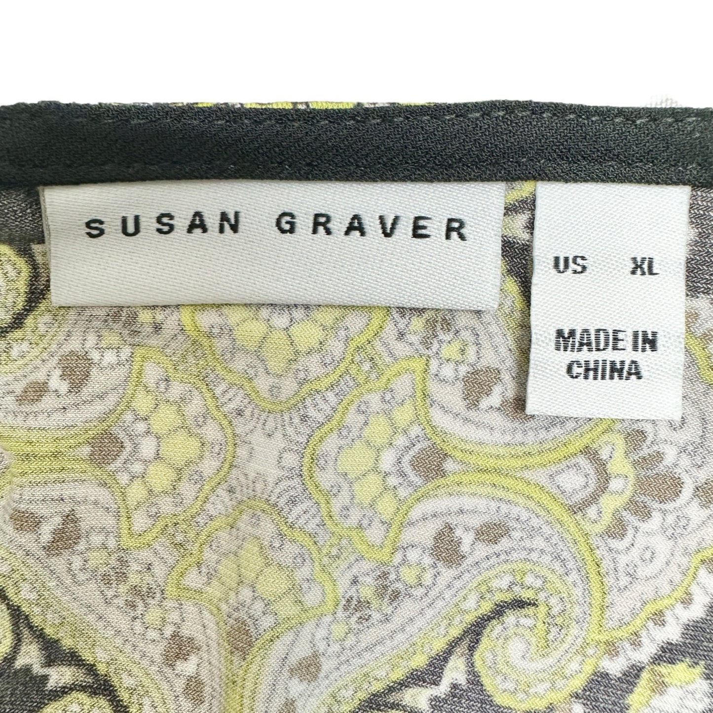 Susan Graver Top Womens XL Black Green Paisley Print Long Sleeve Stretchy Comfy