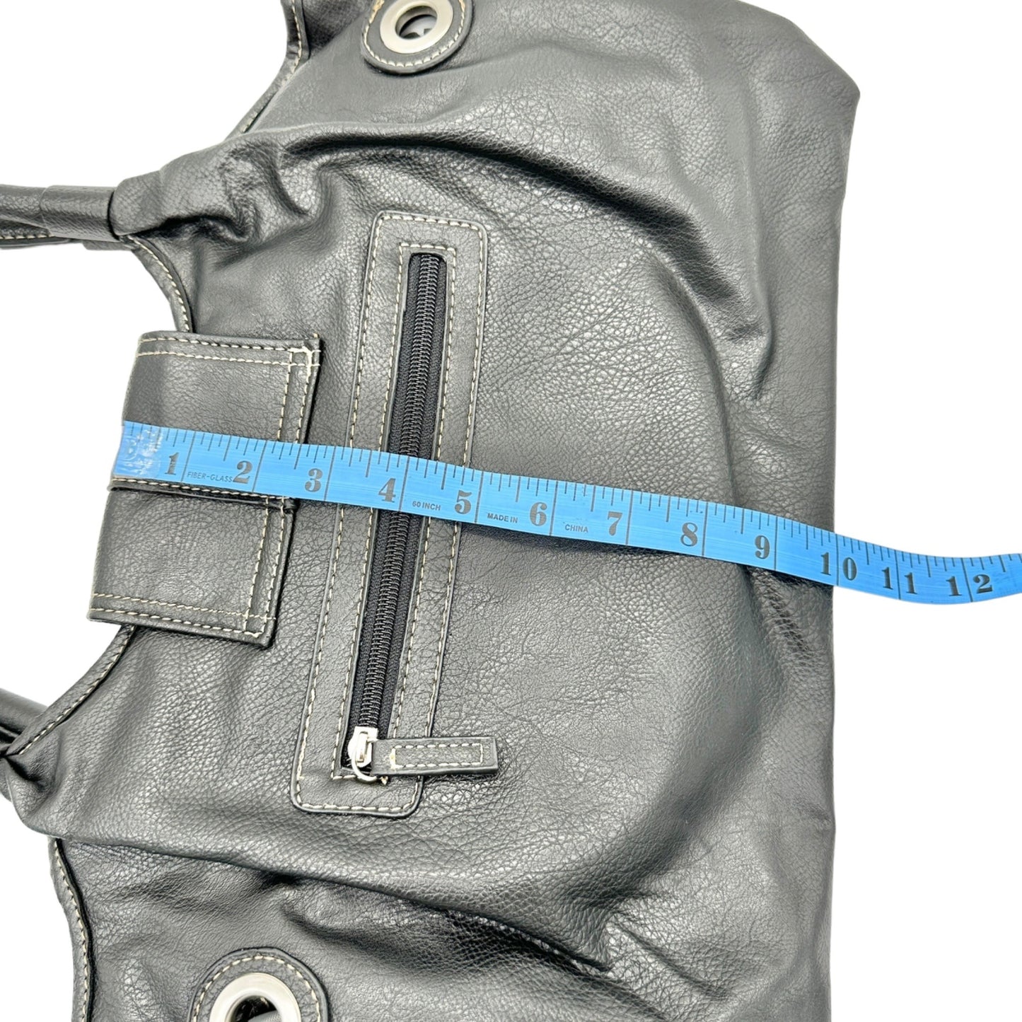 Sag Harbor Handbag Black Faux Leather Double Handles Silver Hardware