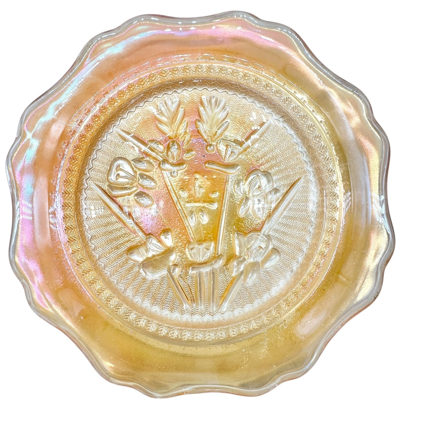 Jeannette Iris & Herringbone Marigold Saucer 6 inch Carnival Glass