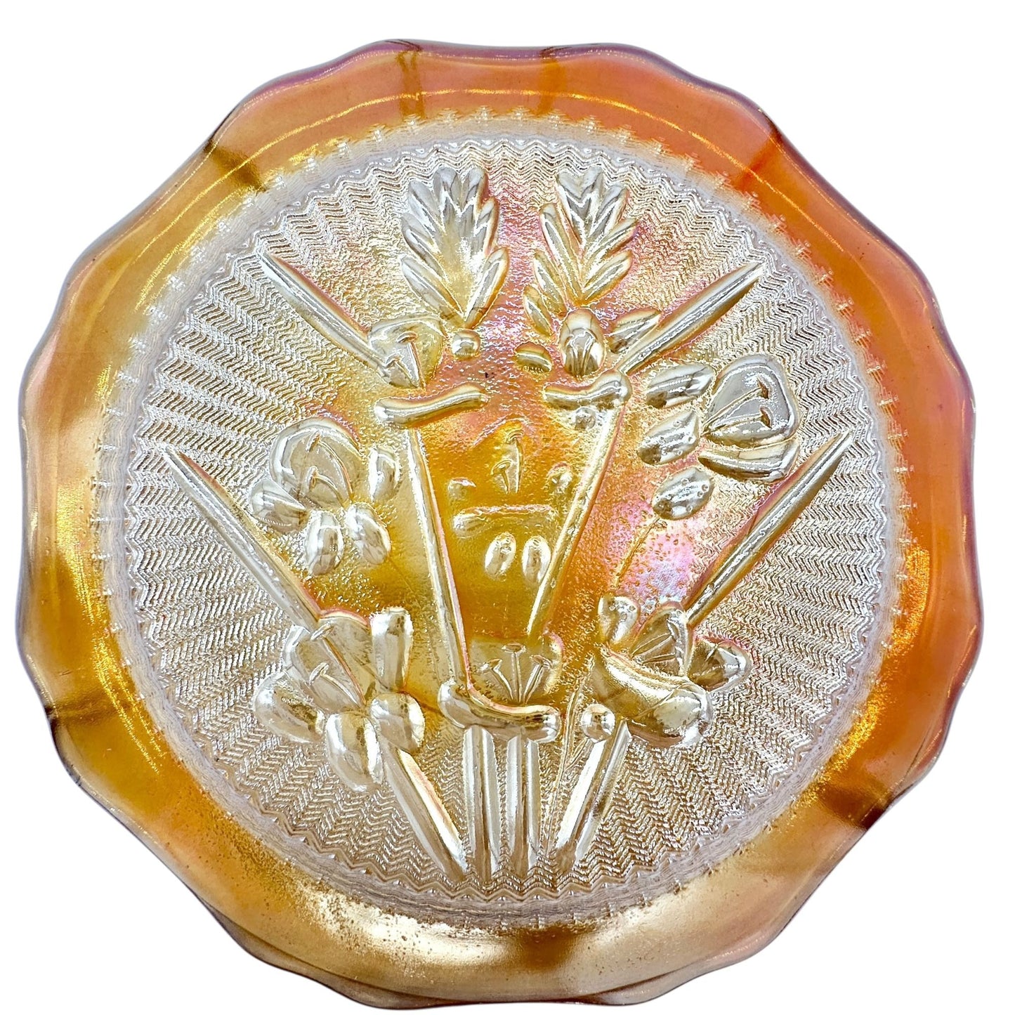 Jeannette Iris & Herringbone Marigold Saucer 6 inch Carnival Glass