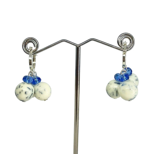 Handcrafted Beaded Earrings White & Blue Glass Beads Silver Hoop Jewelry NEW