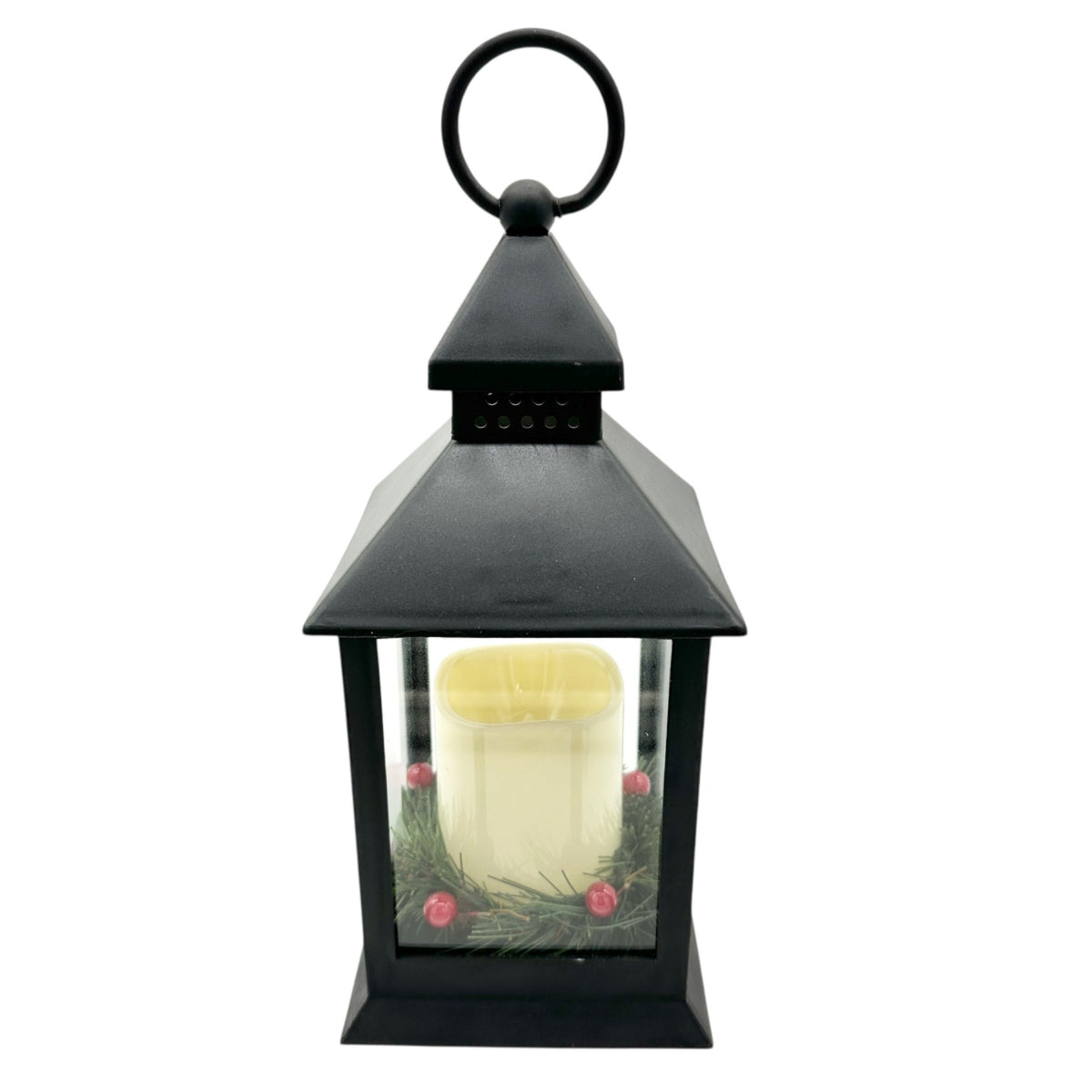 Christmas Lantern With LED Candle Black Plastic Battery Operated WORKS