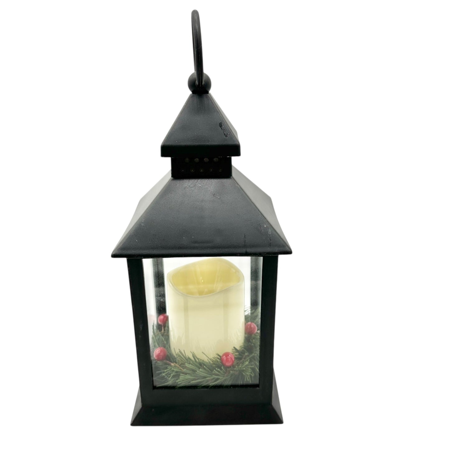 Christmas Lantern With LED Candle Black Plastic Battery Operated WORKS