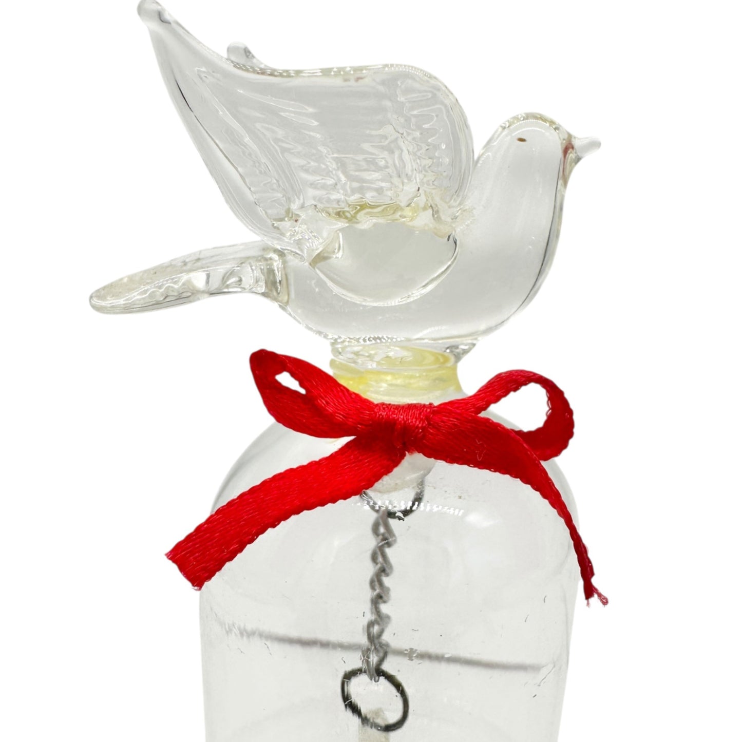 Pair of Vintage Clear Glass Bells Dove and Hummingbird with Red Bows 3.5" Tall