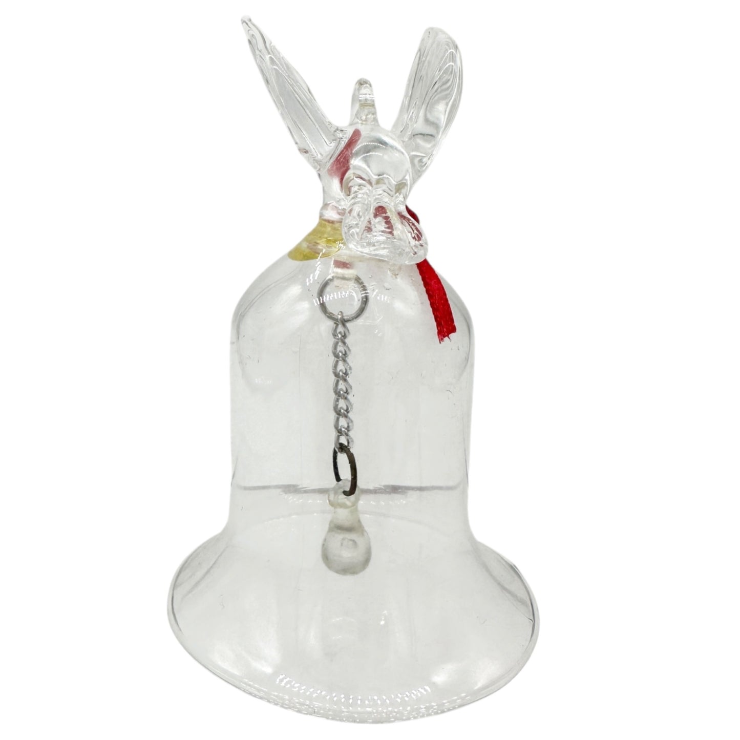 Pair of Vintage Clear Glass Bells Dove and Hummingbird with Red Bows 3.5" Tall