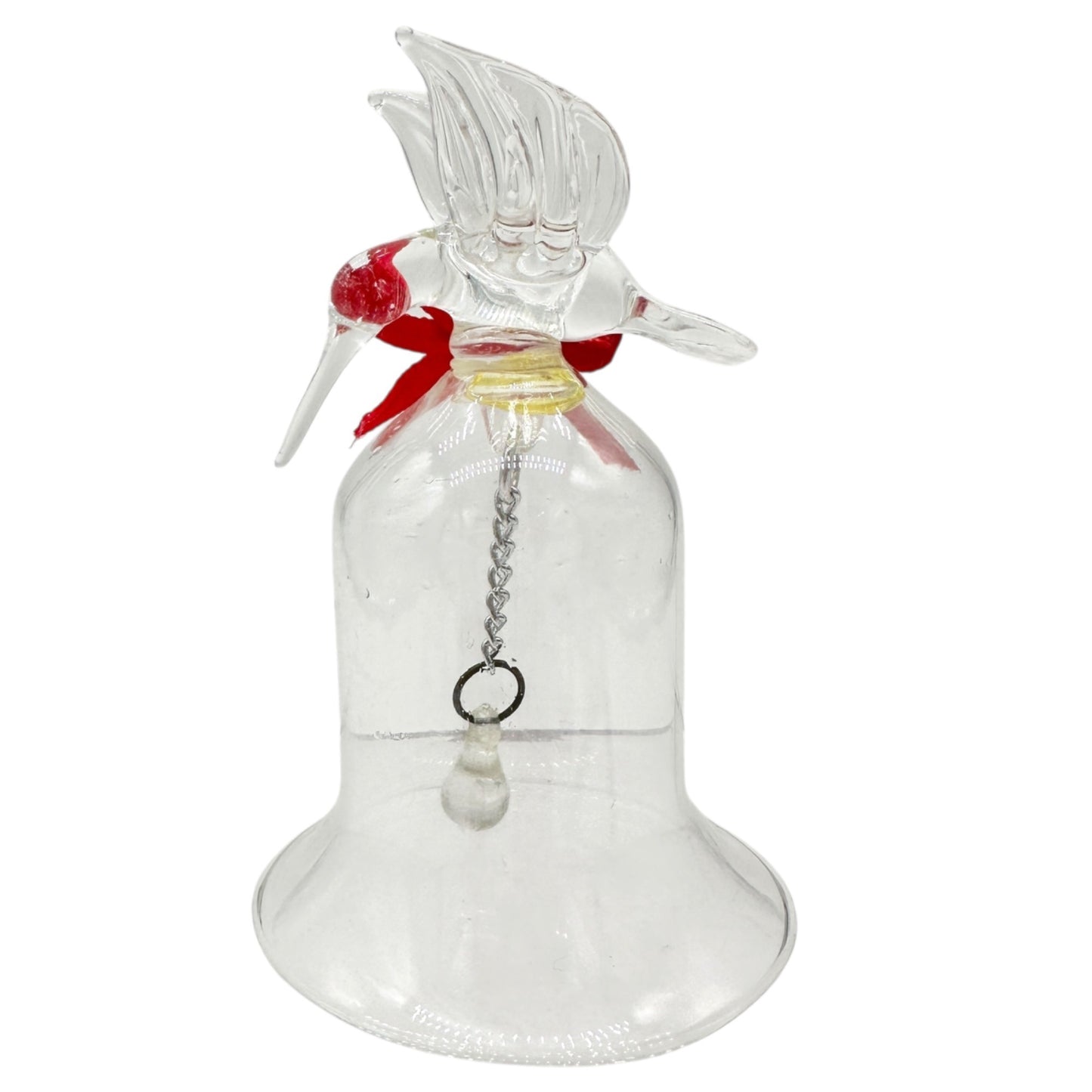 Pair of Vintage Clear Glass Bells Dove and Hummingbird with Red Bows 3.5" Tall