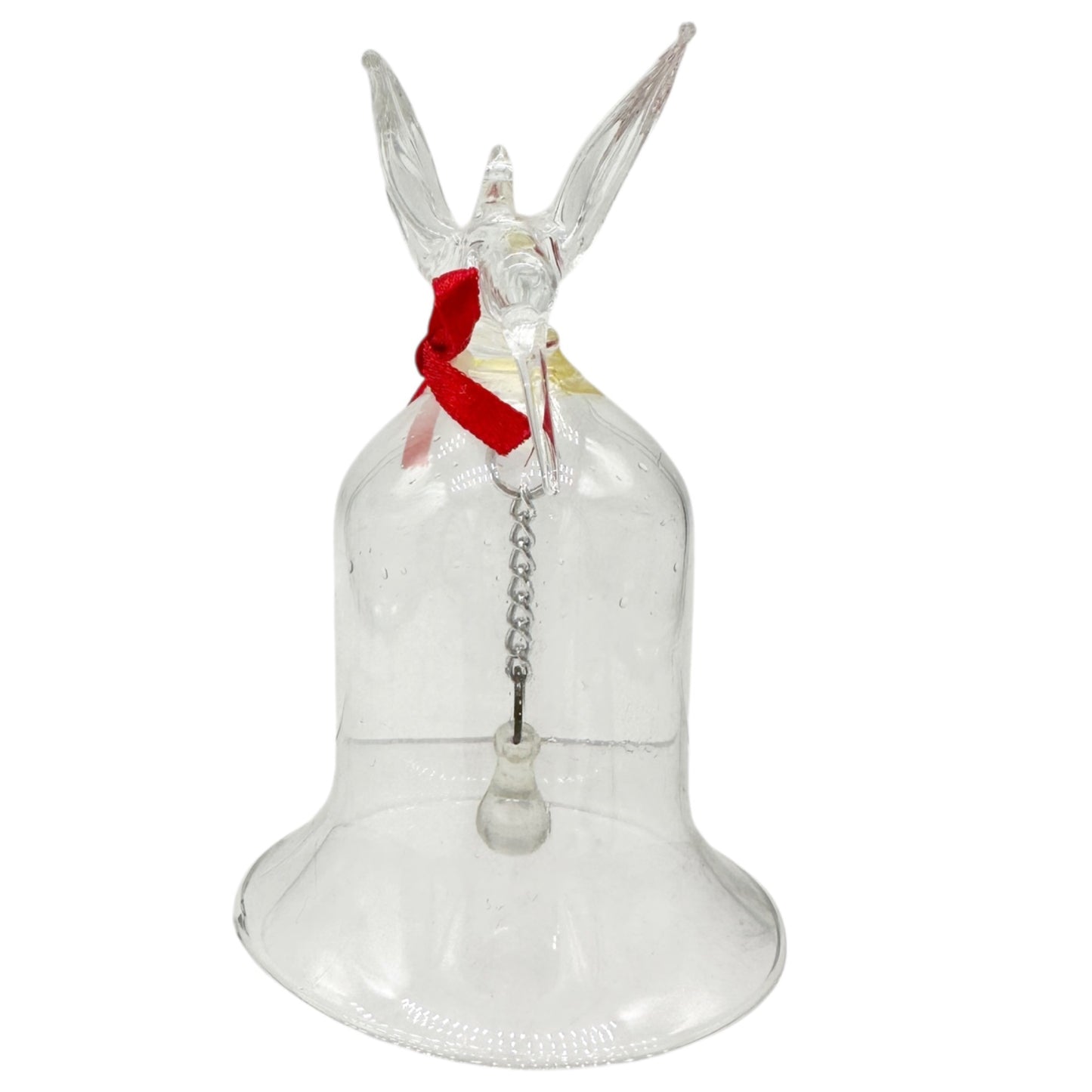 Pair of Vintage Clear Glass Bells Dove and Hummingbird with Red Bows 3.5" Tall