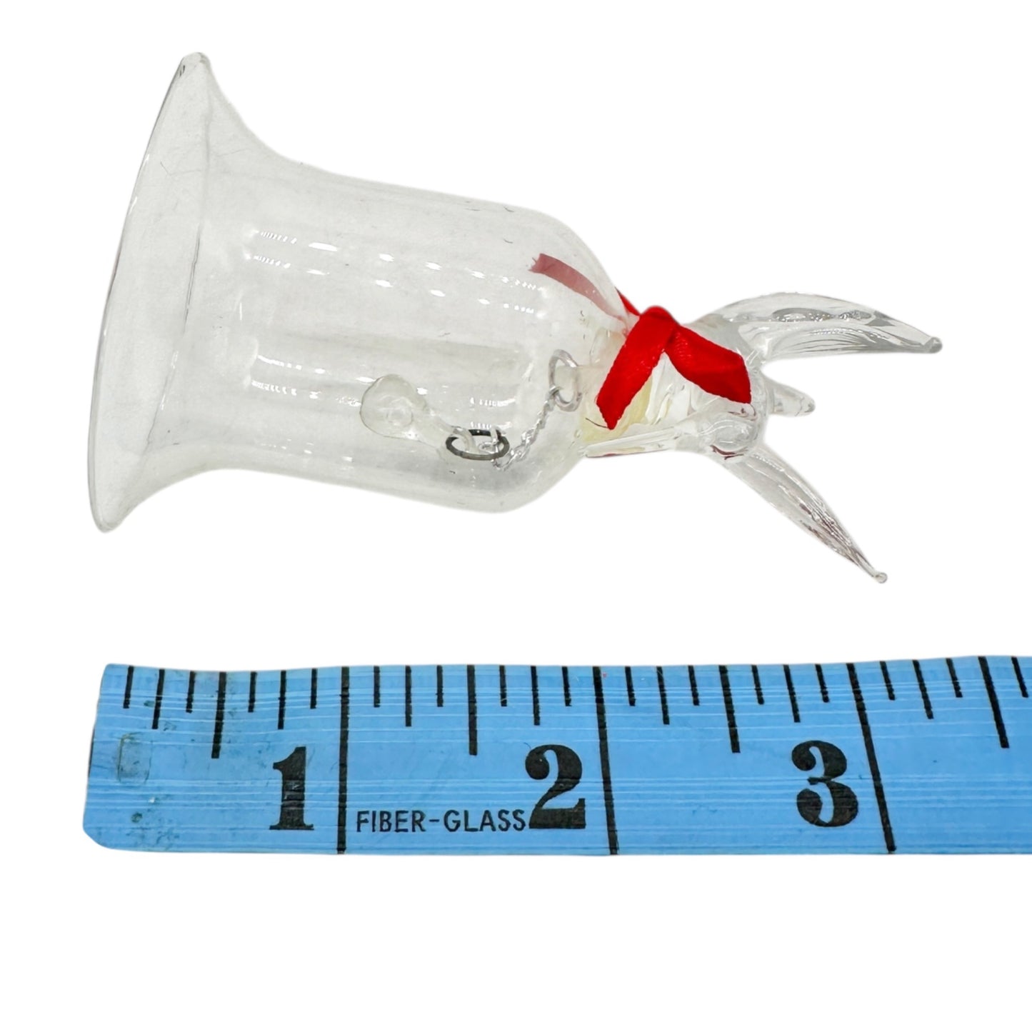 Pair of Vintage Clear Glass Bells Dove and Hummingbird with Red Bows 3.5" Tall