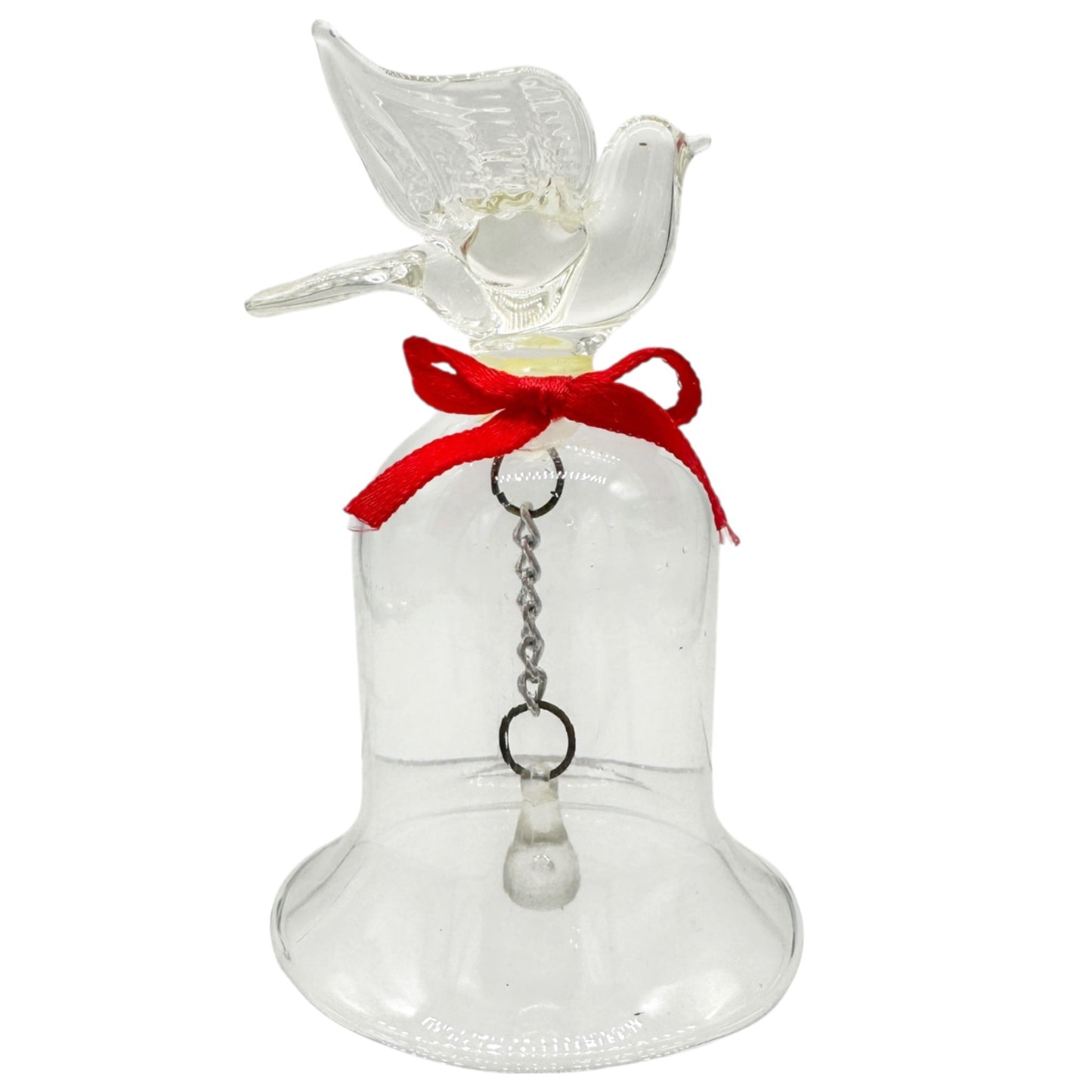 Pair of Vintage Clear Glass Bells Dove and Hummingbird with Red Bows 3.5" Tall
