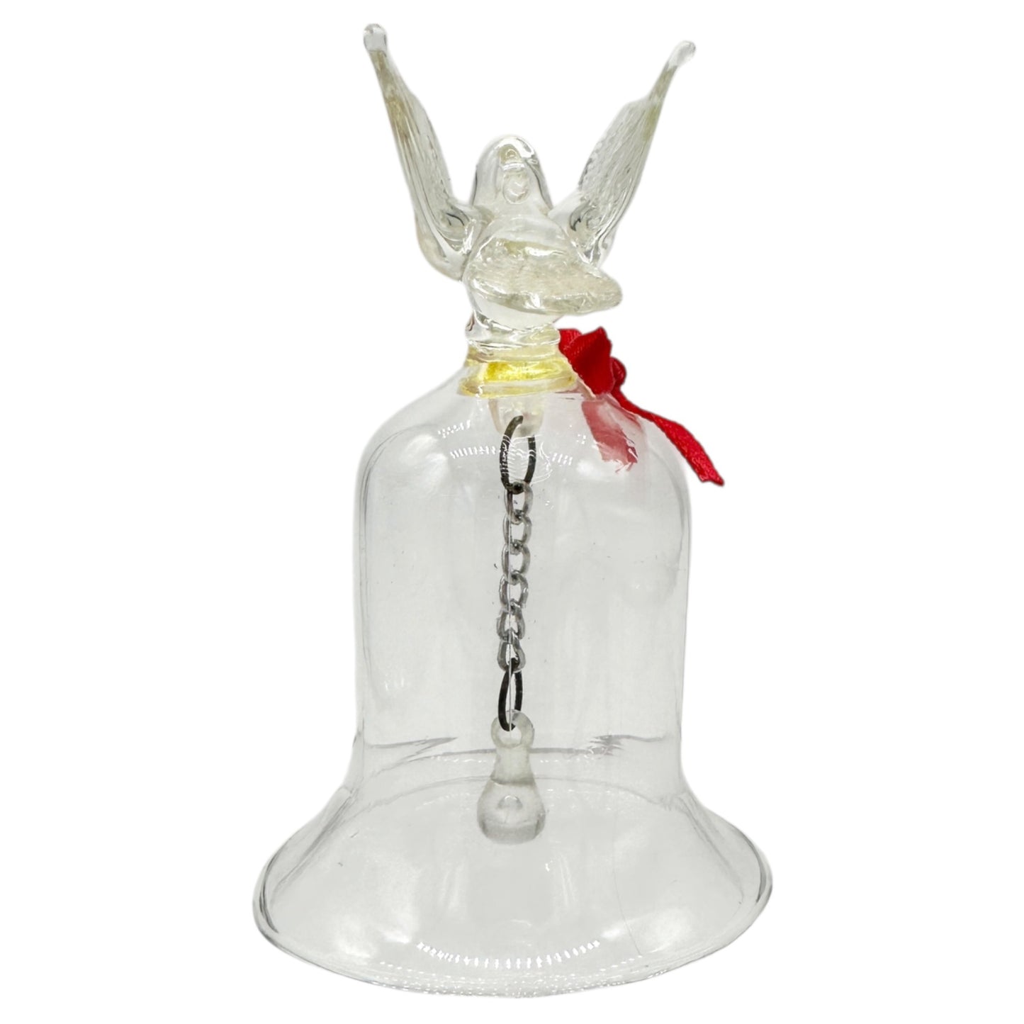 Pair of Vintage Clear Glass Bells Dove and Hummingbird with Red Bows 3.5" Tall