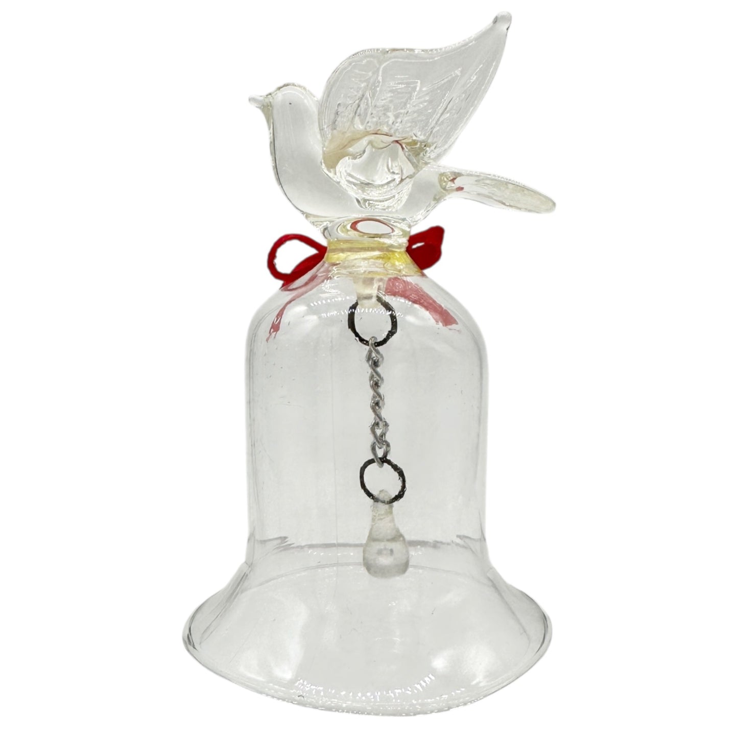 Pair of Vintage Clear Glass Bells Dove and Hummingbird with Red Bows 3.5" Tall