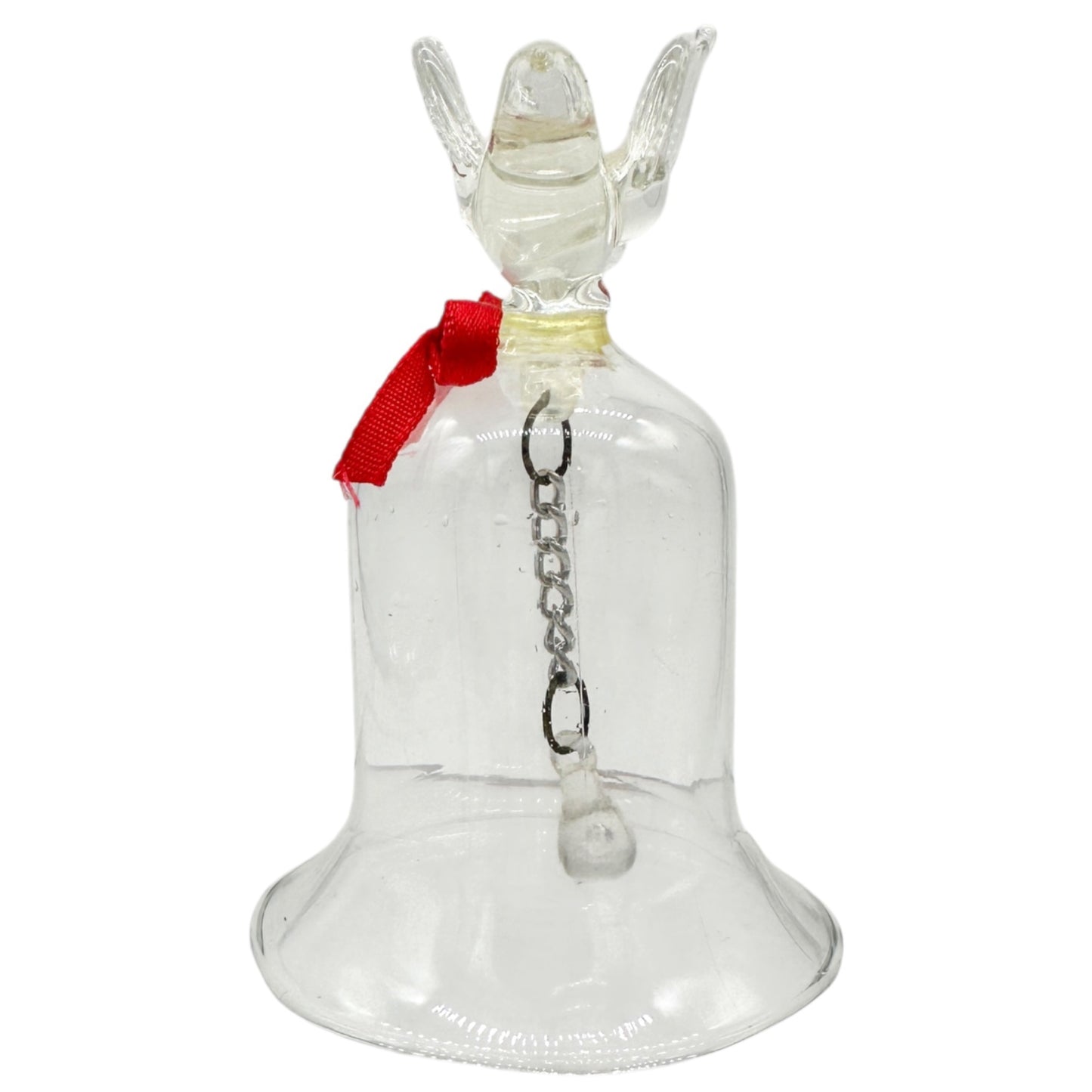 Pair of Vintage Clear Glass Bells Dove and Hummingbird with Red Bows 3.5" Tall