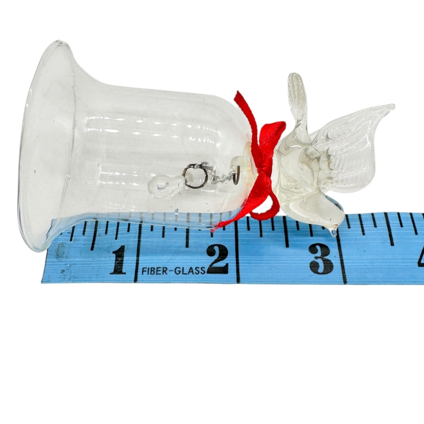 Pair of Vintage Clear Glass Bells Dove and Hummingbird with Red Bows 3.5" Tall