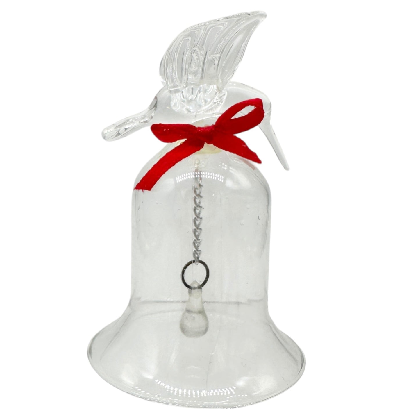 Pair of Vintage Clear Glass Bells Dove and Hummingbird with Red Bows 3.5" Tall