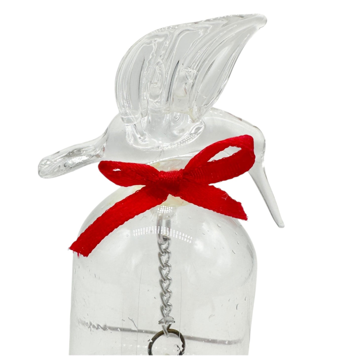 Pair of Vintage Clear Glass Bells Dove and Hummingbird with Red Bows 3.5" Tall