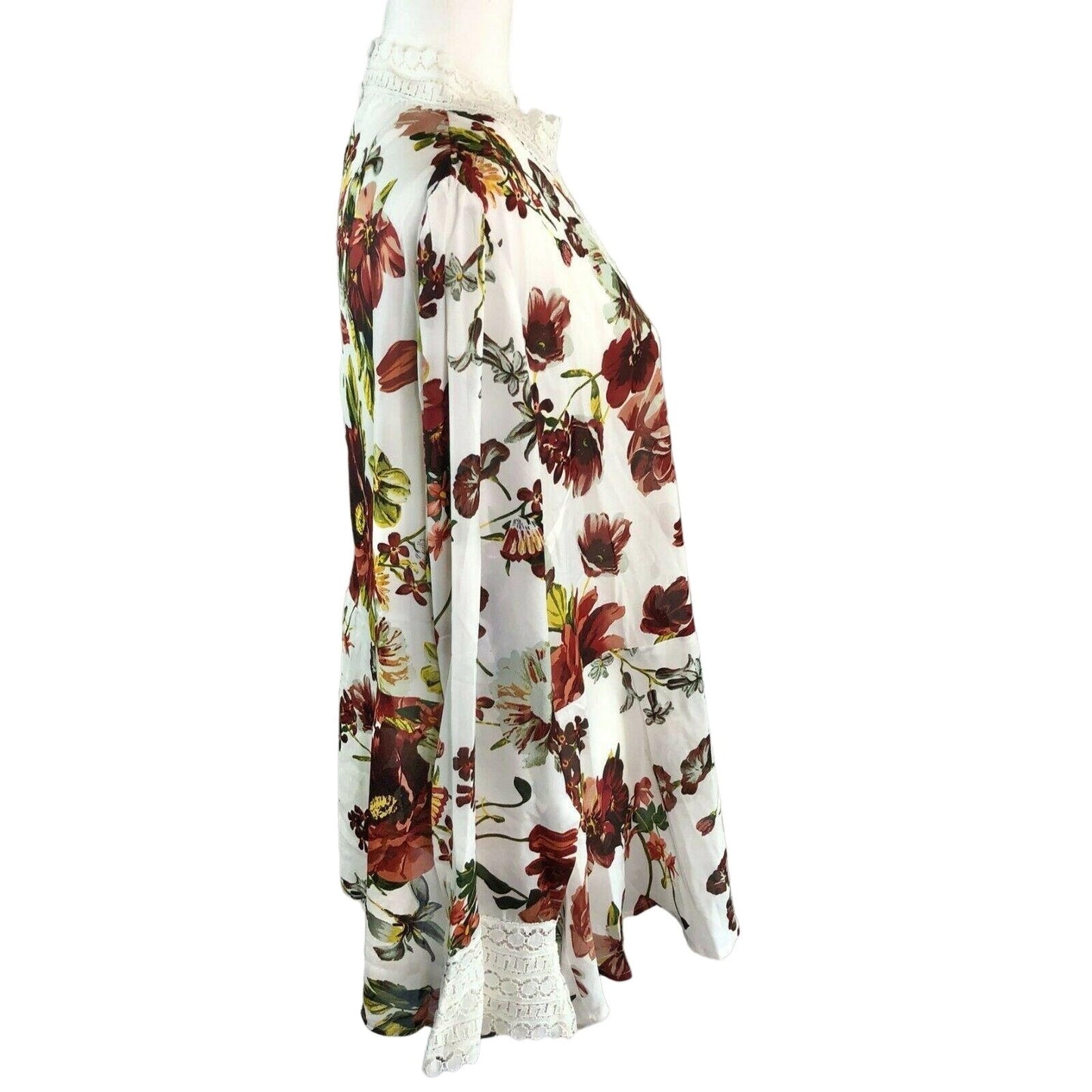 Suzanne Betro 2X Floral High Neck Lace Trim Peplum Top Red White LS NWT