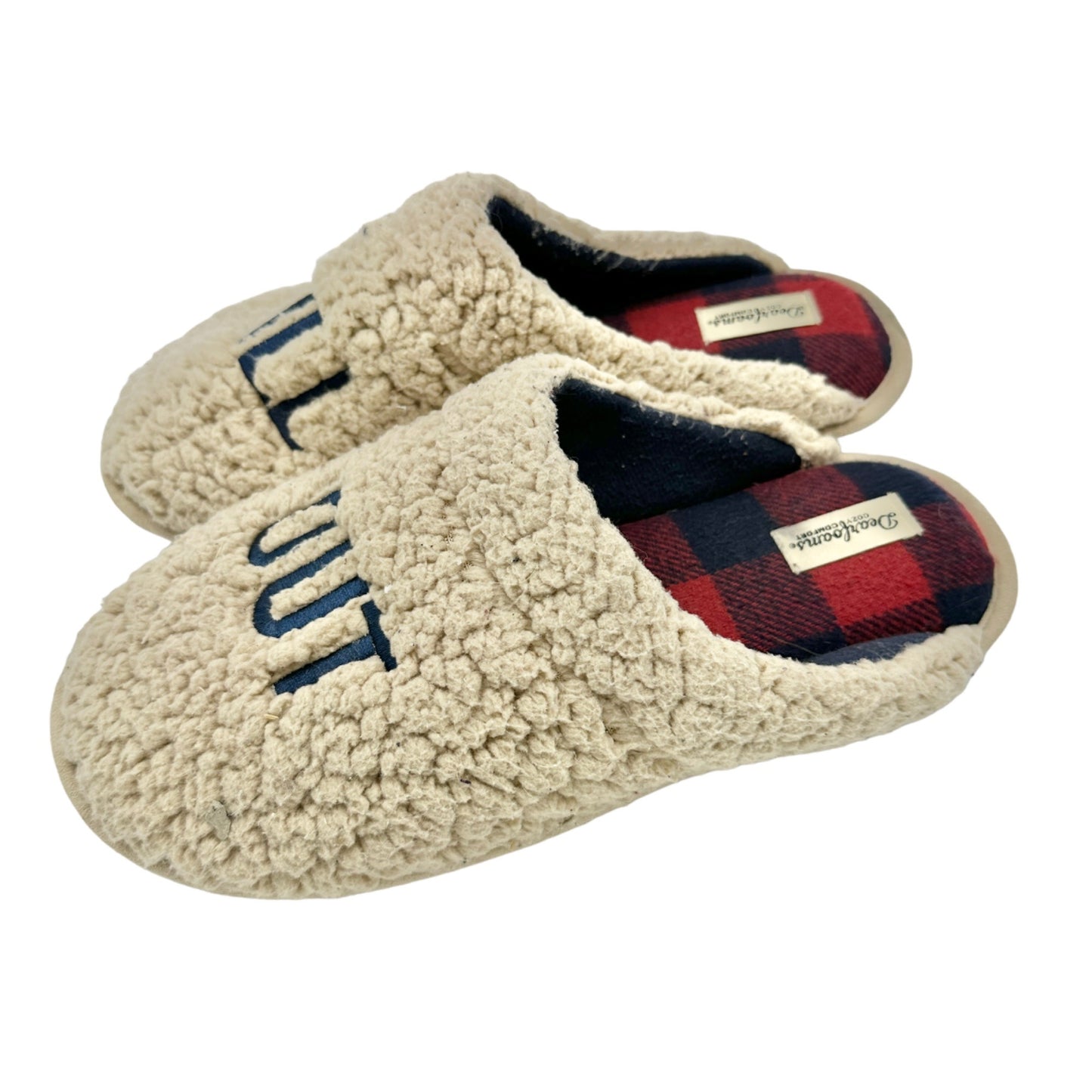 Dearforms Cozy Comfort Slippers CHILL OUT Med US 9-10 Red Black Plaid Inside