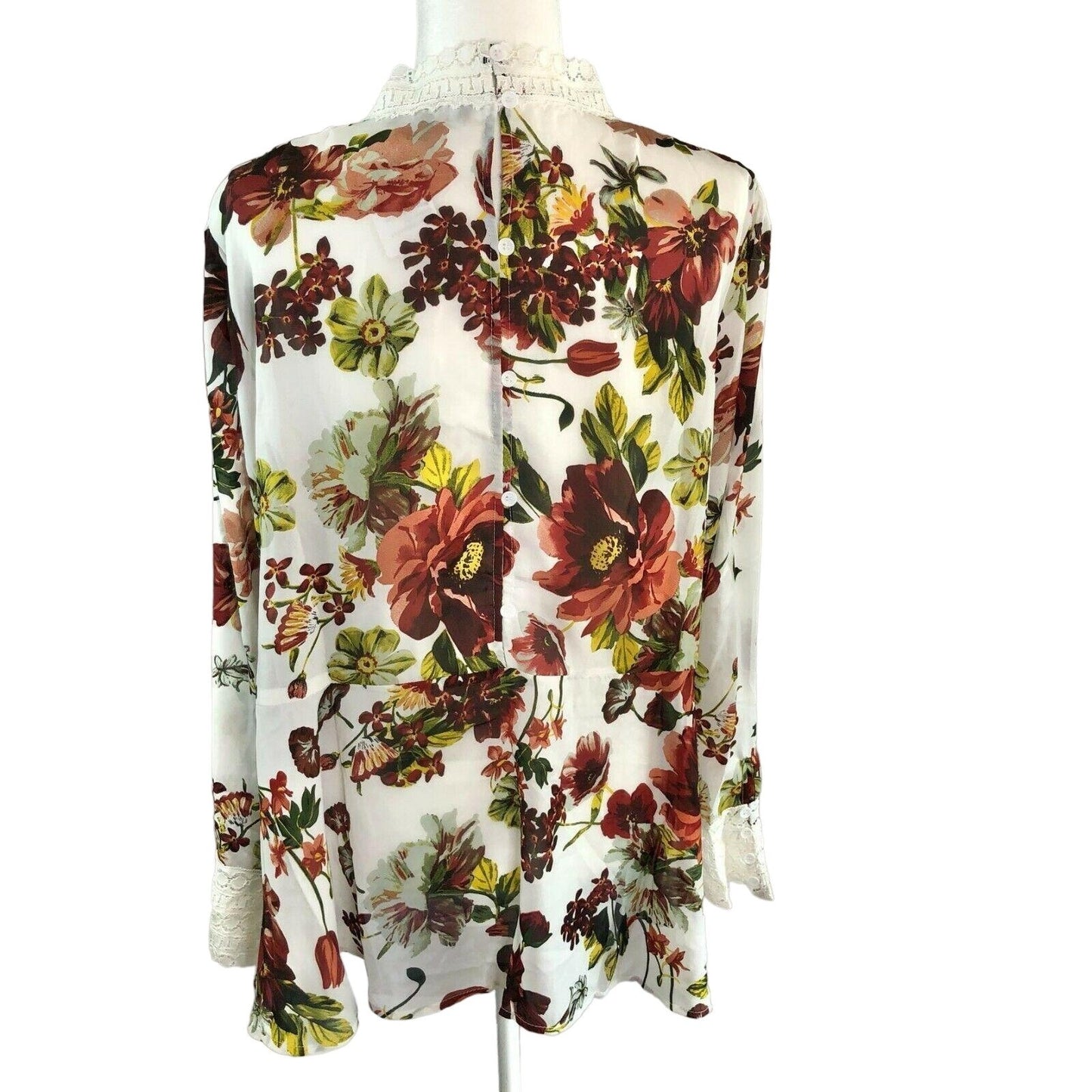 Suzanne Betro 2X Floral High Neck Lace Trim Peplum Top Red White LS NWT