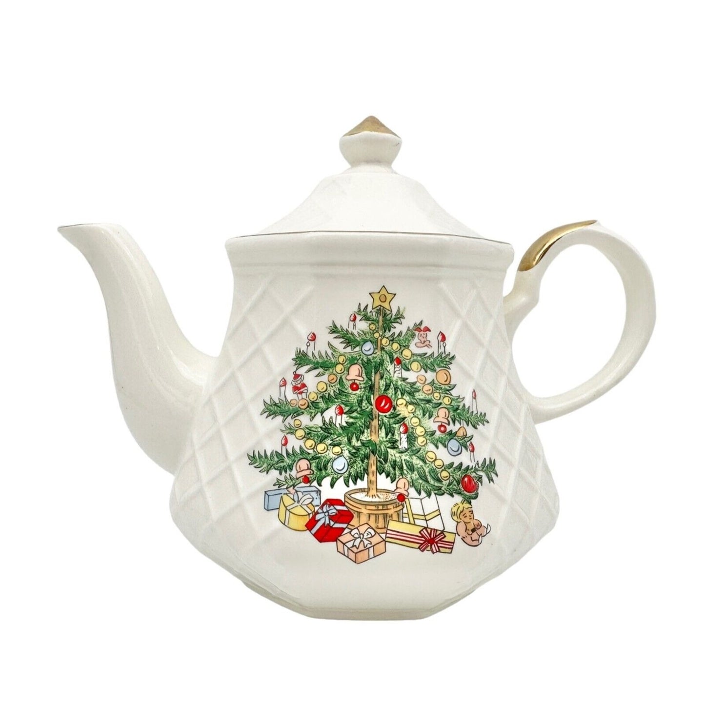 Christmas Tea Pot 6 inch Cream Gold Trim Tree Presents (small chip on spout)