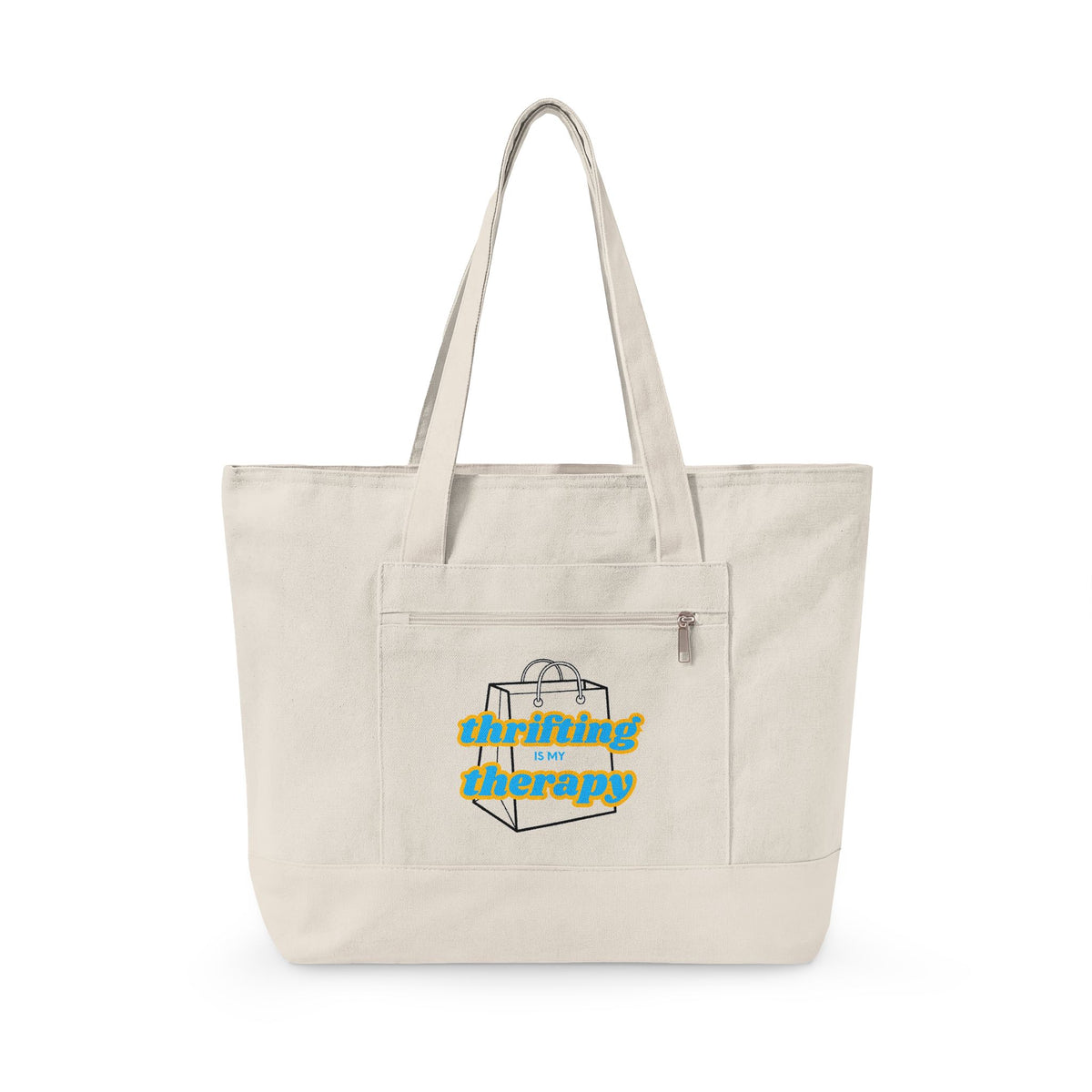 Zippered Canvas Tote Bag with Front Pocket - Thrifting is my Therapy