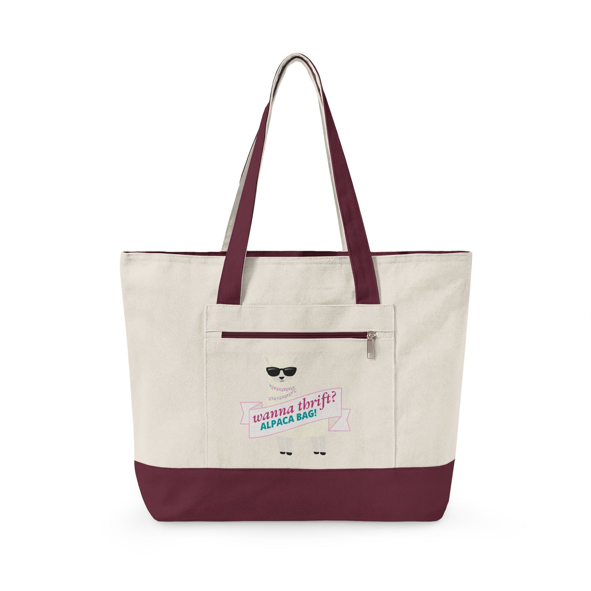 Zippered Canvas Tote Bag with Front Pocket - Wanna Thrift? Alpaca Bag