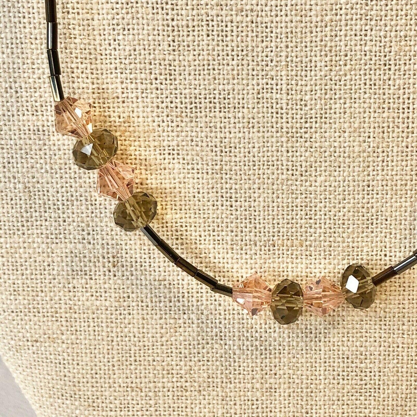 Handcrafted Beaded Necklace Brown & Pink Crystal Beads Simple Long Jewelry NEW