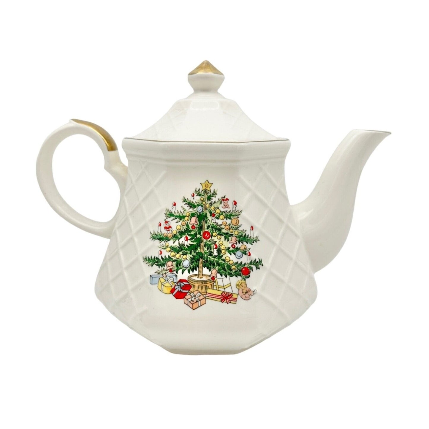 Christmas Tea Pot 6 inch Cream Gold Trim Tree Presents (small chip on spout)