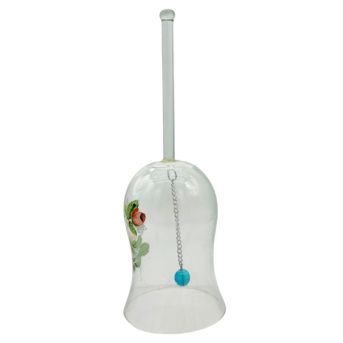 Hand Painted Clear Glass Bell Floral Design Blue Clapper Elegant Decor Piece 7"H