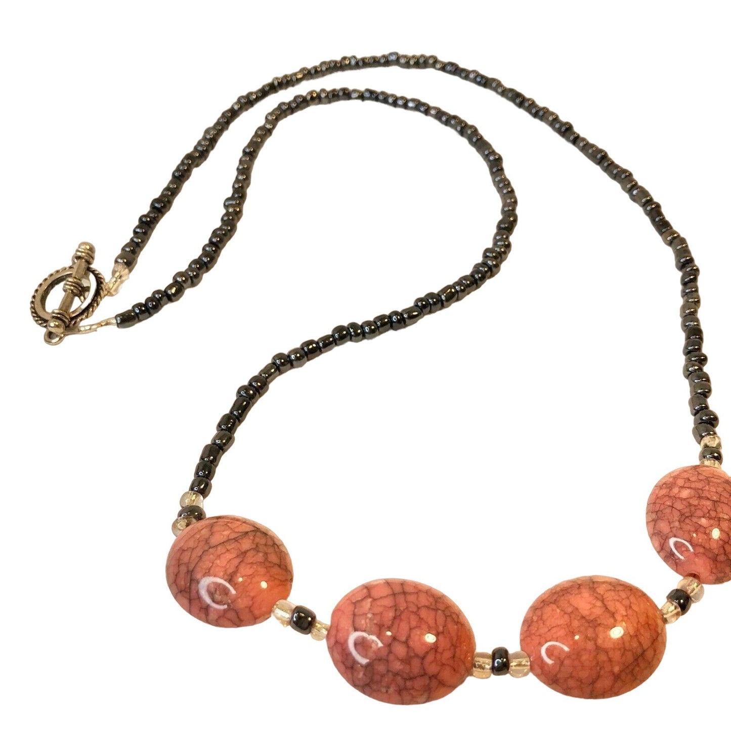 Handcrafted Beaded Necklace Mauve Ceramic Beads With Smaller Pewter Beads NEW