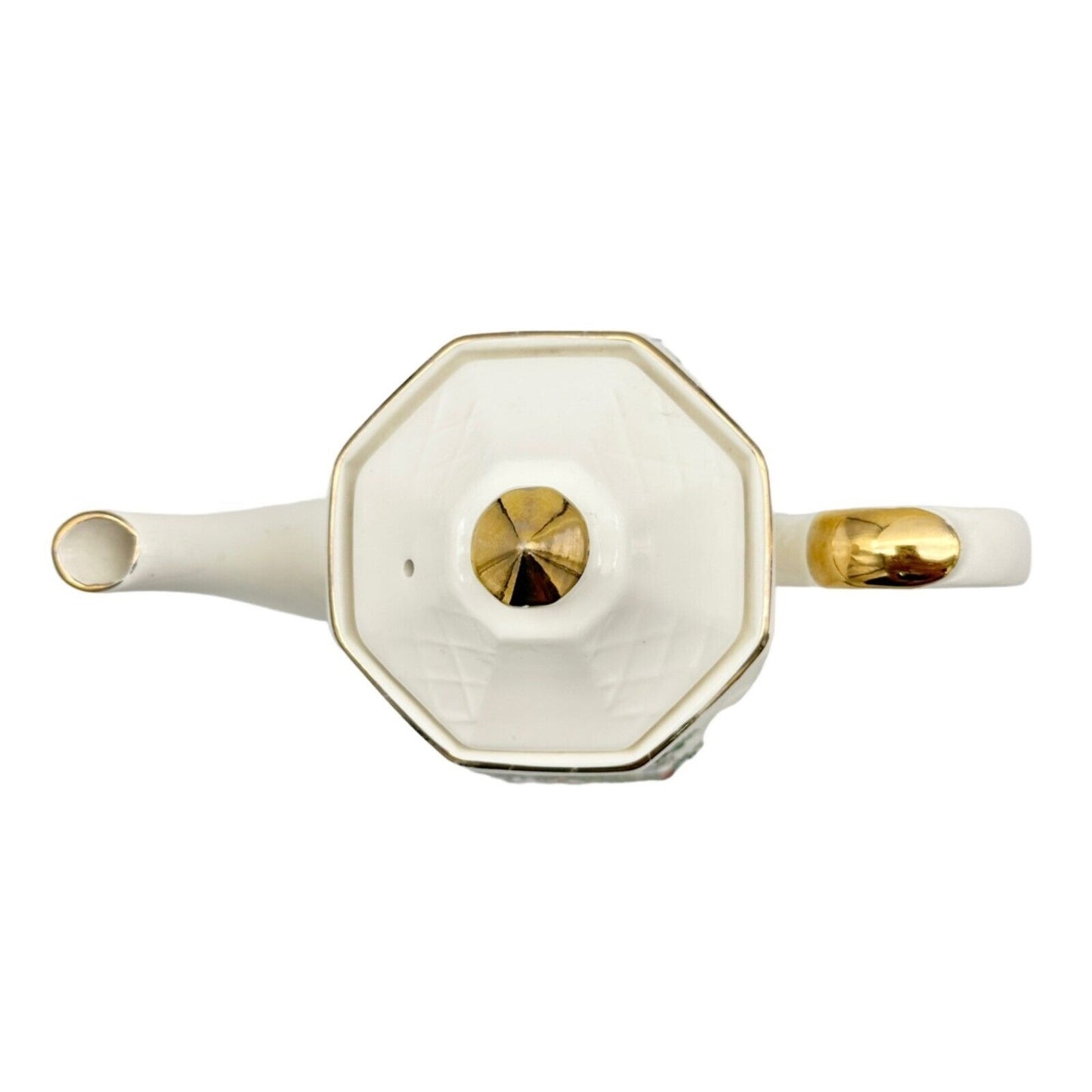 Christmas Tea Pot 6 inch Cream Gold Trim Tree Presents (small chip on spout)