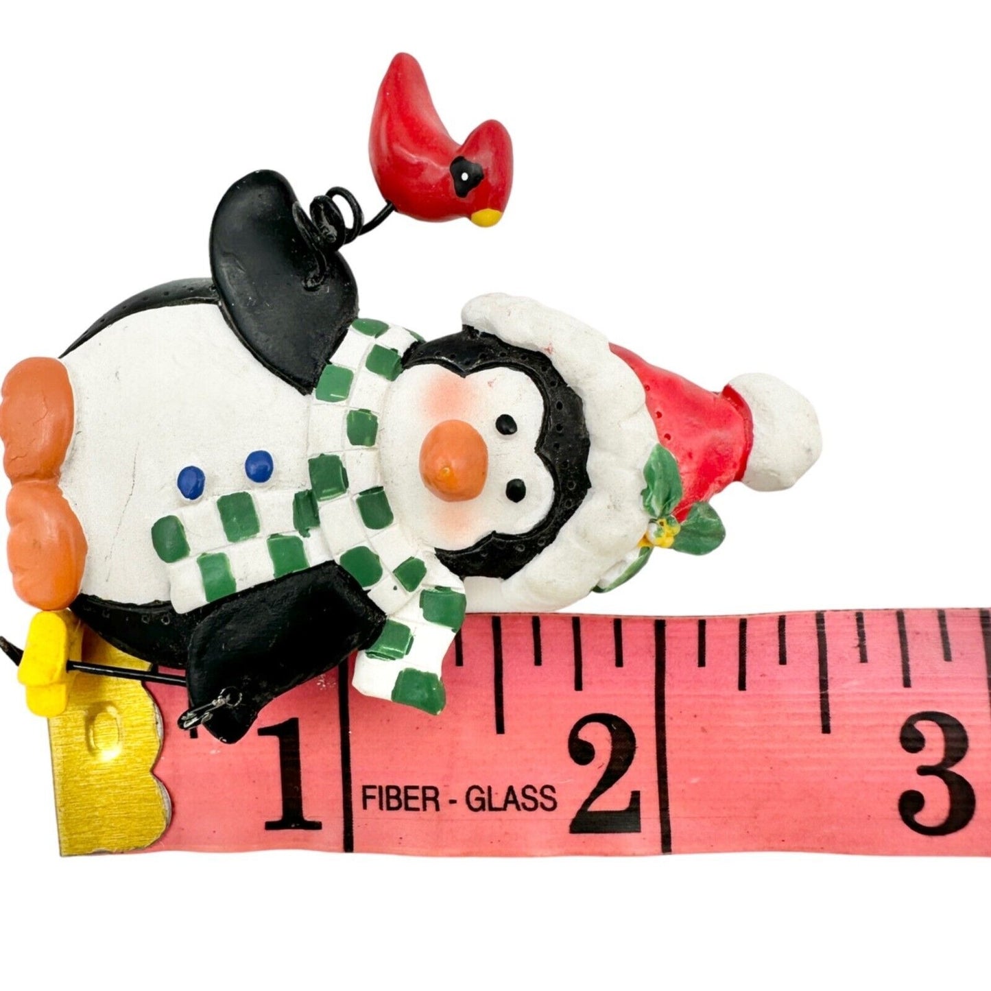 Christmas Brooch 2.5 inch Penguin in Scarf and Hat Holding Cardinal