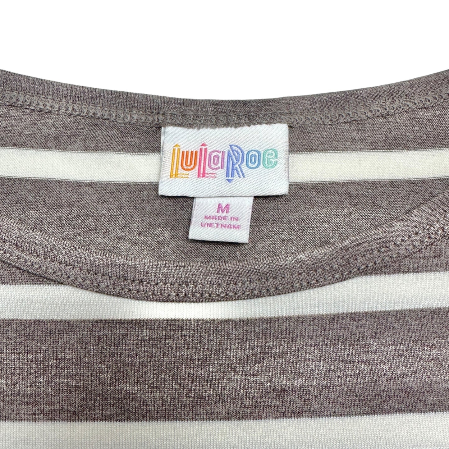 LuLaRoe Retired Julia Dress M Heathered Brown and White Striped SS Form Fit NWT