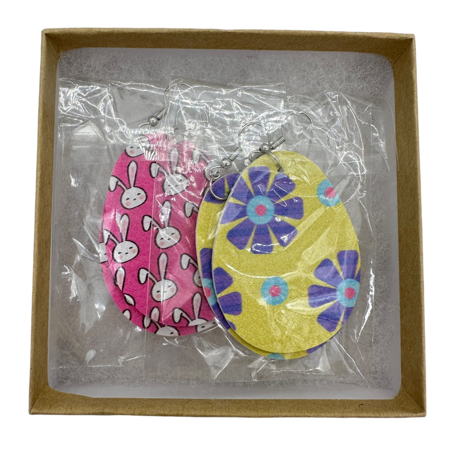 Two Pairs Easter Egg Earrings White Bunnies on Pink Purple Flowers on Yellow