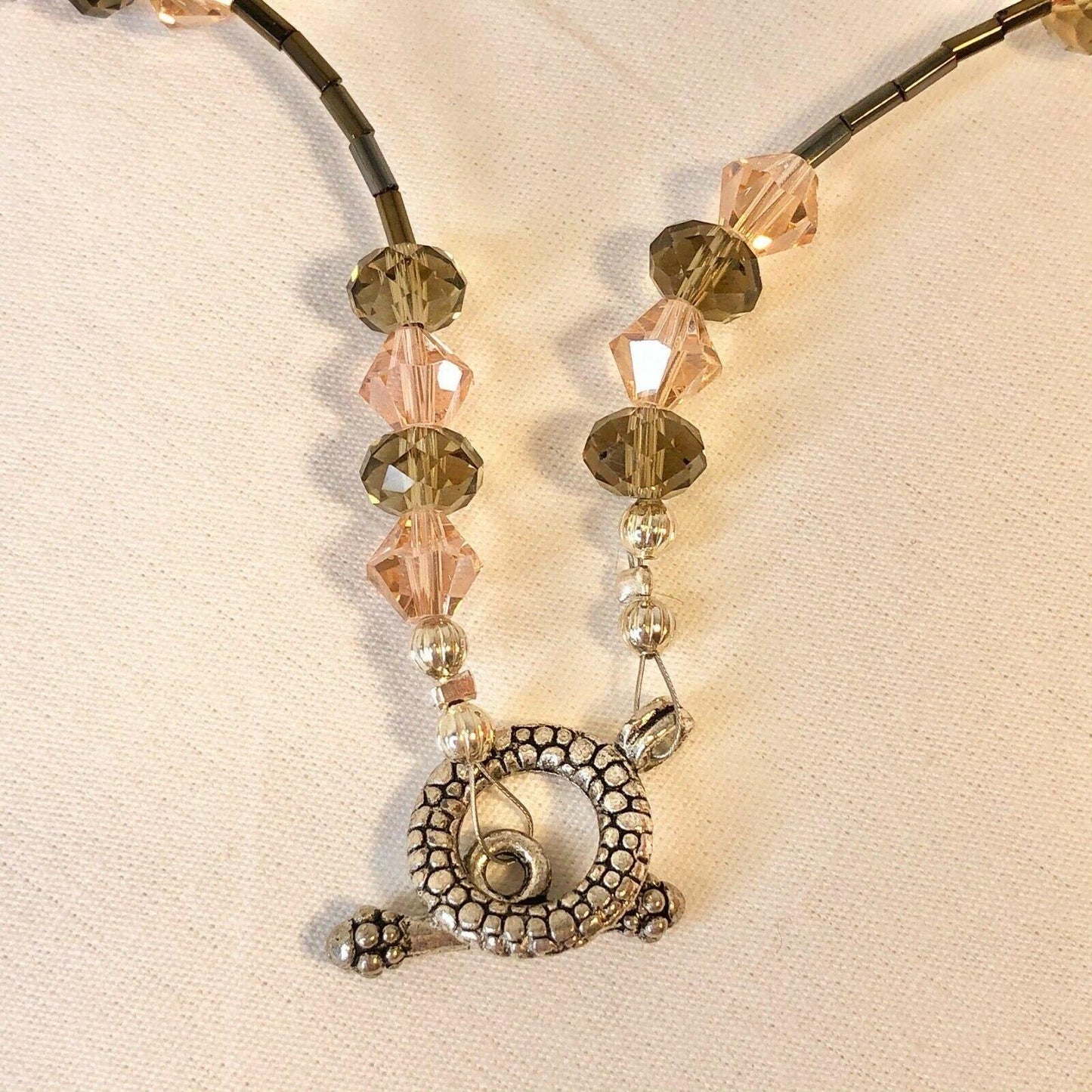 Handcrafted Beaded Necklace Brown & Pink Crystal Beads Simple Long Jewelry NEW