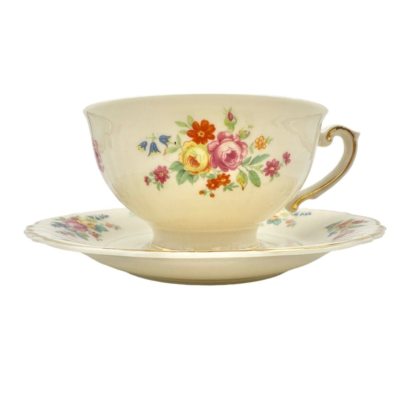 Federal Shape Syracuse China Cup and Saucer 6 inch Cream Flowers Gold Trim