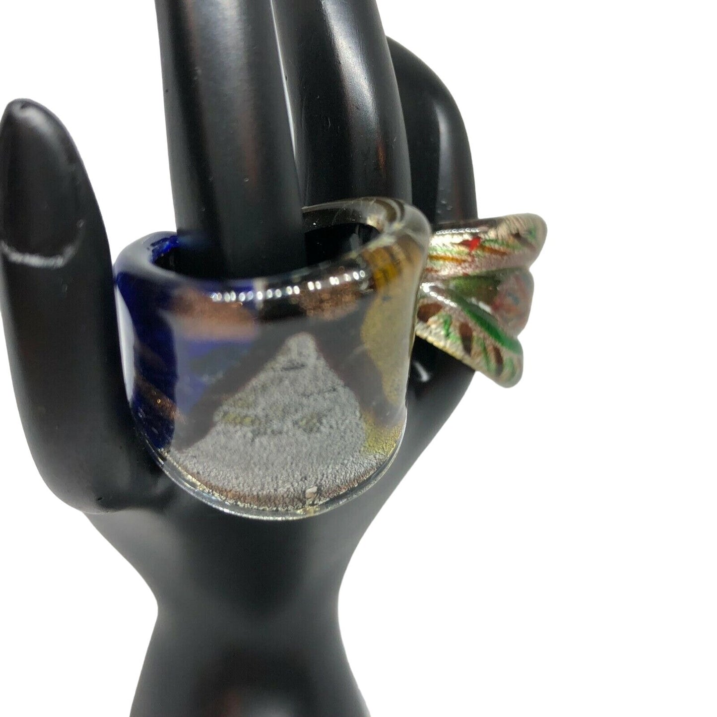 Pair of Size 8.5 Fused Glass Rings Pink Green Blue Gold Silver EUC