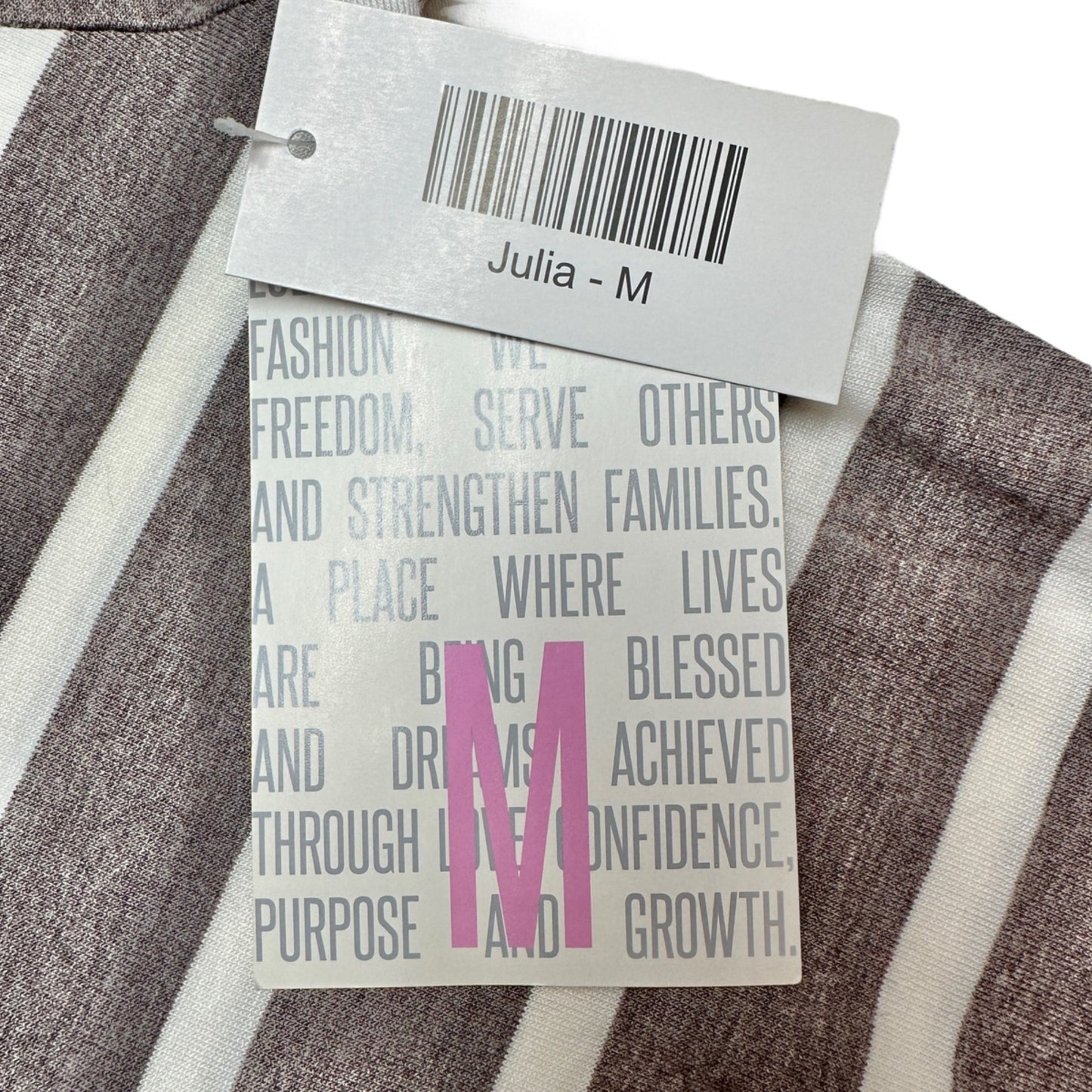 LuLaRoe Retired Julia Dress M Heathered Brown and White Striped SS Form Fit NWT