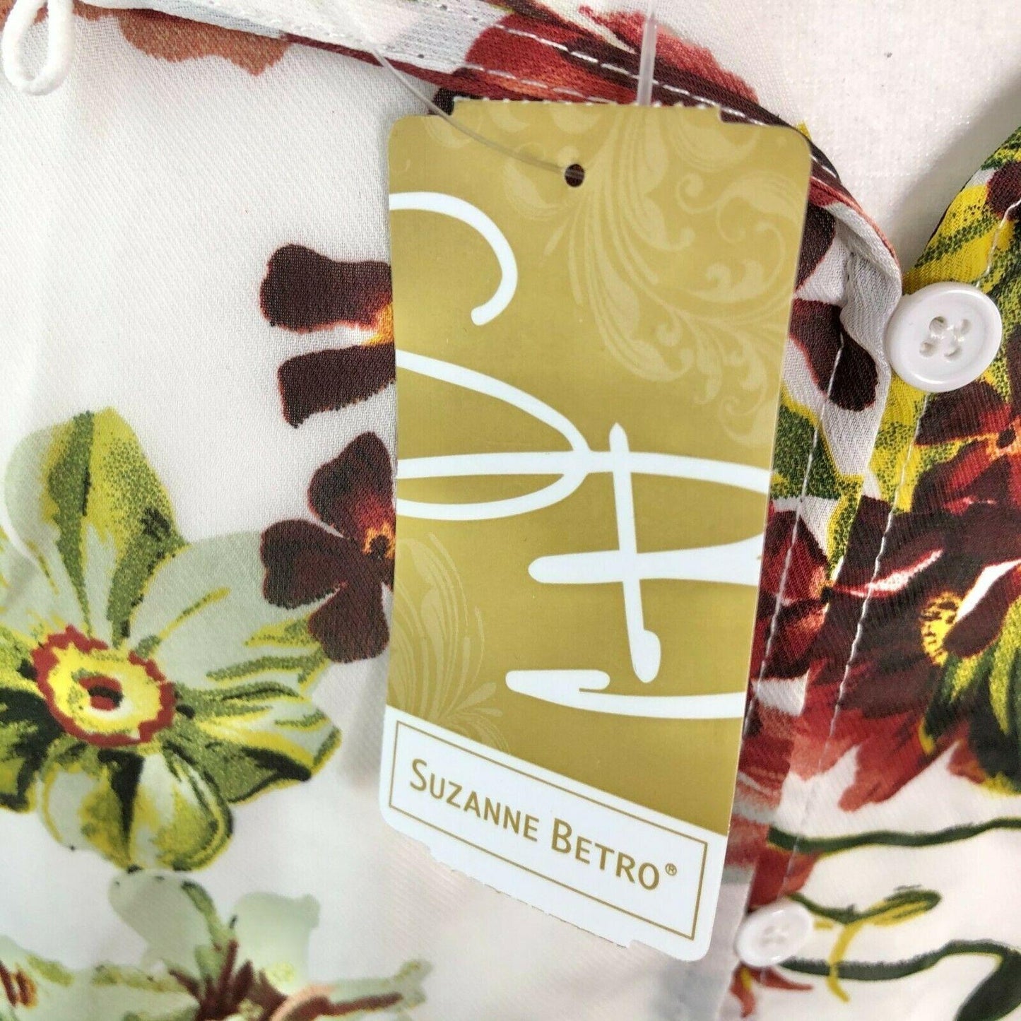 Suzanne Betro 2X Floral High Neck Lace Trim Peplum Top Red White LS NWT