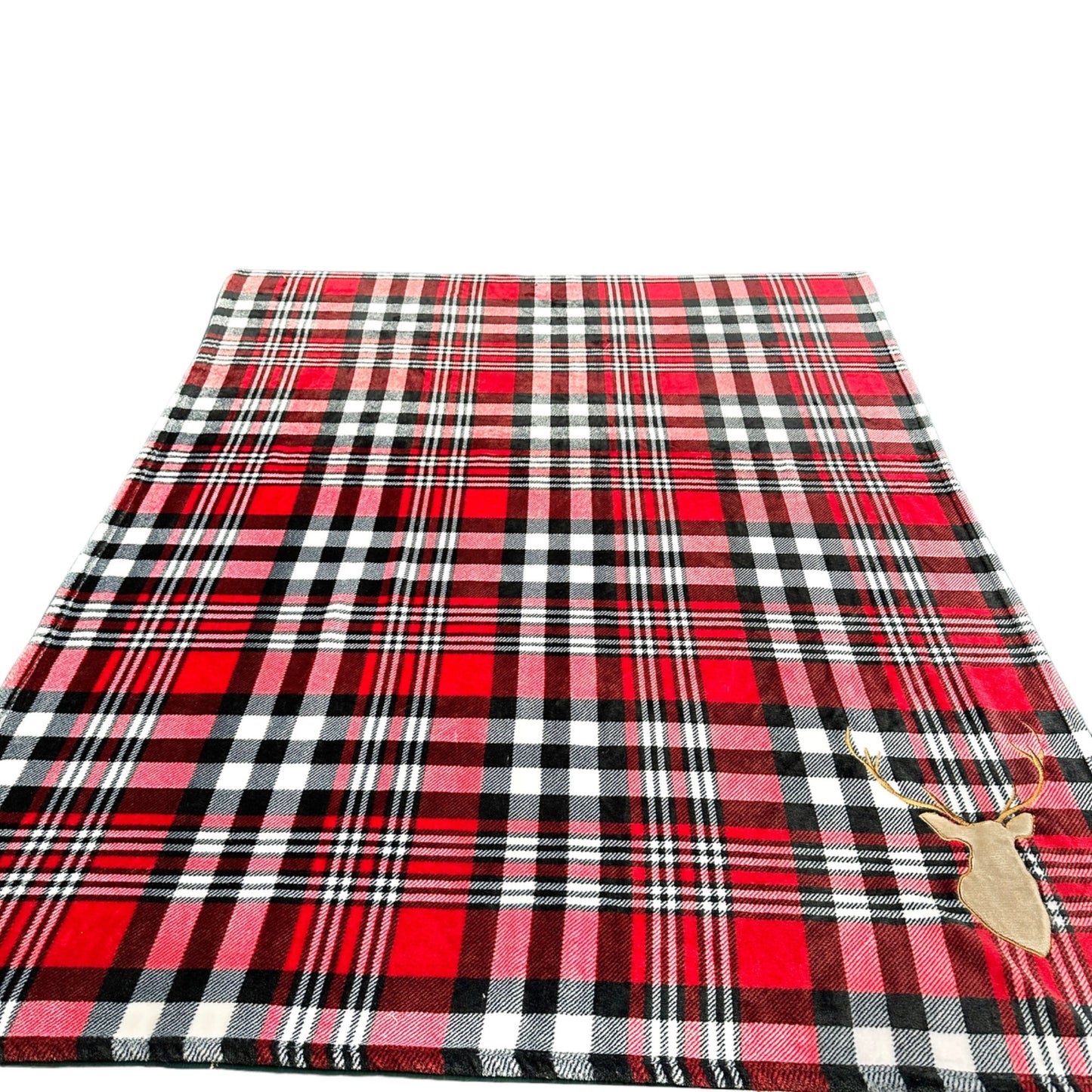 Elle Decor Throw Blanket 72x47 Red Black Plaid Deer Head Embellishment Soft