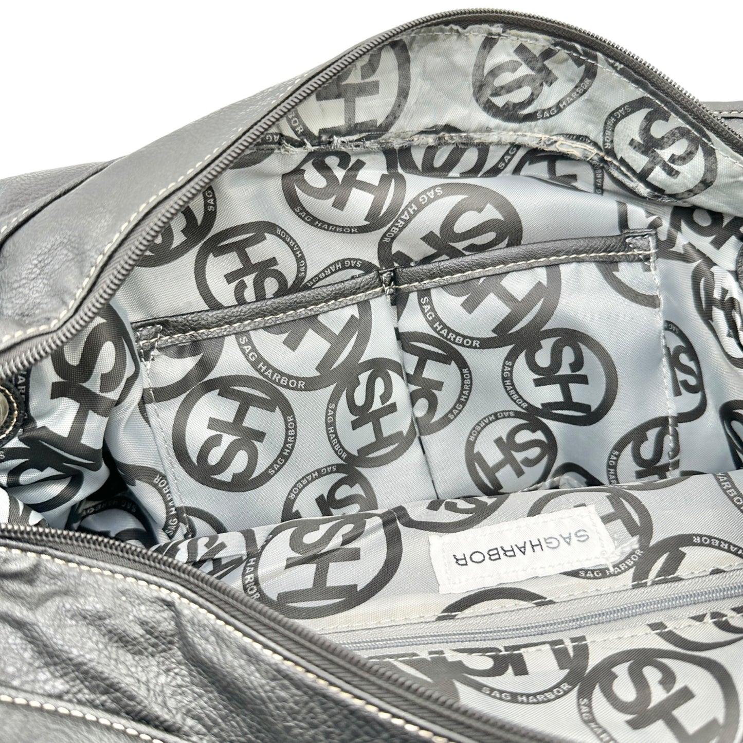 Sag Harbor Handbag Black Faux Leather Double Handles Silver Hardware