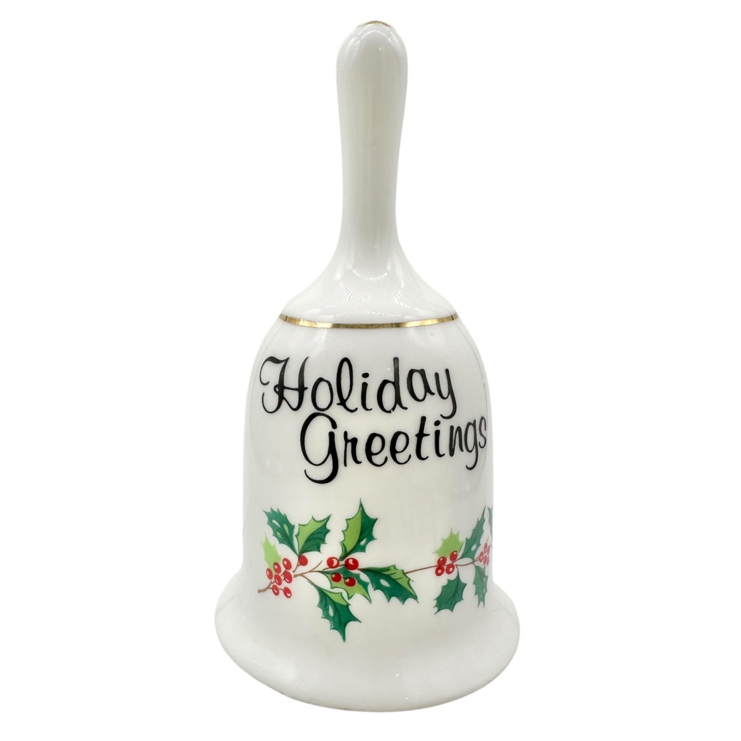 Holiday Greetings Bell Genuine Bone China With Holly Pattern and Gold Trim 5" H