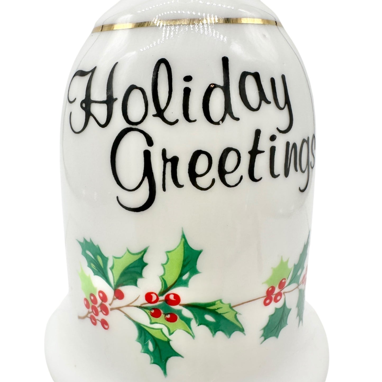 Holiday Greetings Bell Genuine Bone China With Holly Pattern and Gold Trim 5" H