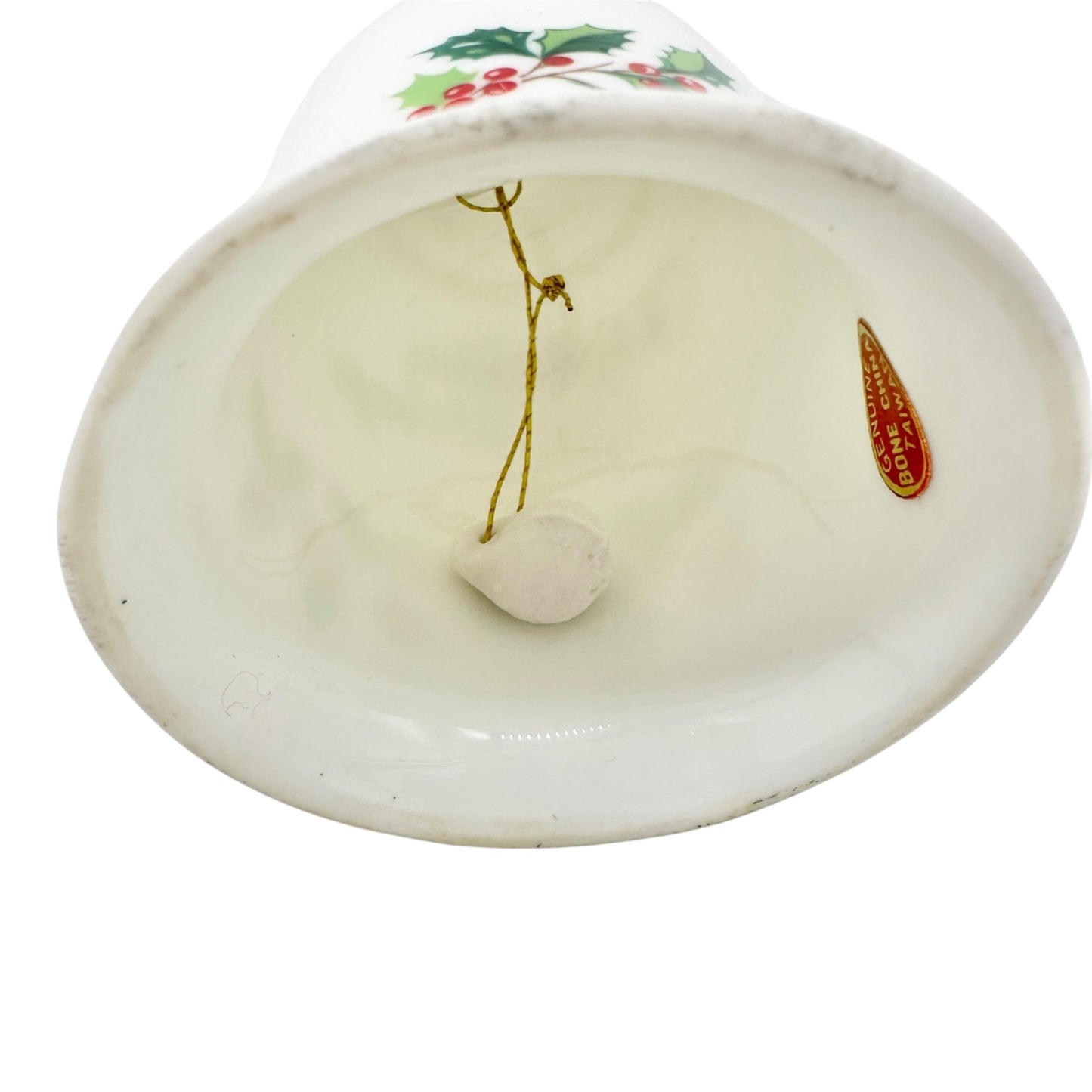 Holiday Greetings Bell Genuine Bone China With Holly Pattern and Gold Trim 5" H