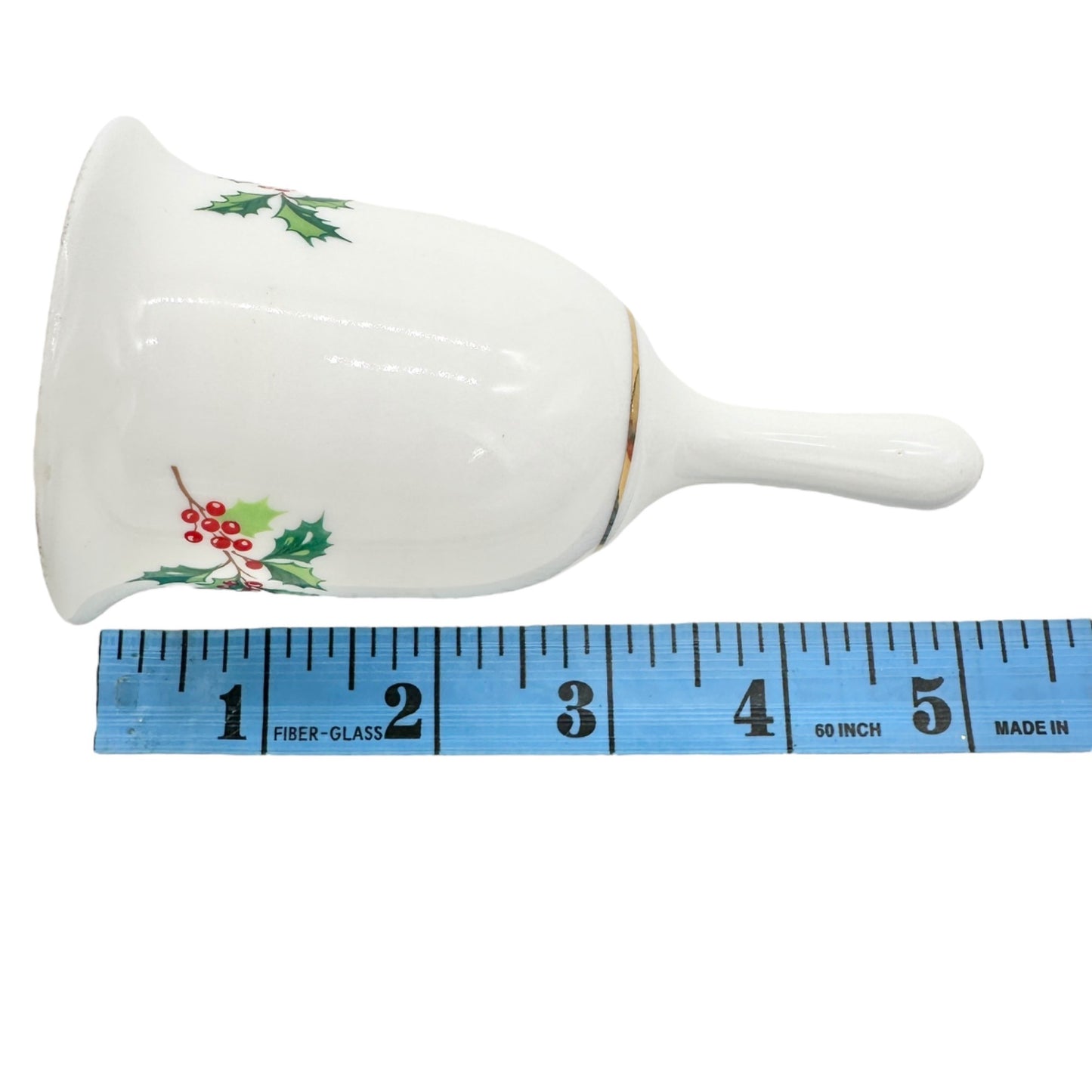 Holiday Greetings Bell Genuine Bone China With Holly Pattern and Gold Trim 5" H