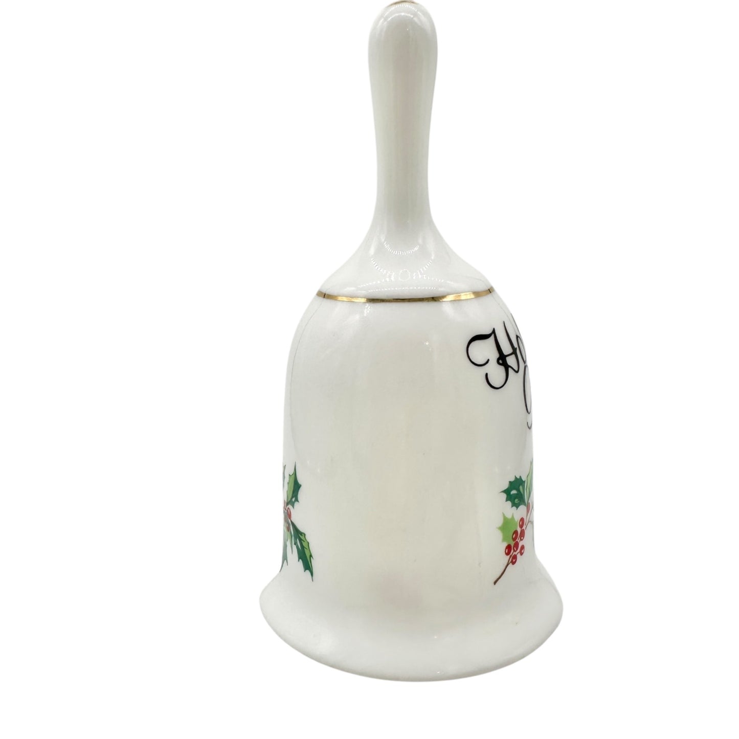 Holiday Greetings Bell Genuine Bone China With Holly Pattern and Gold Trim 5" H