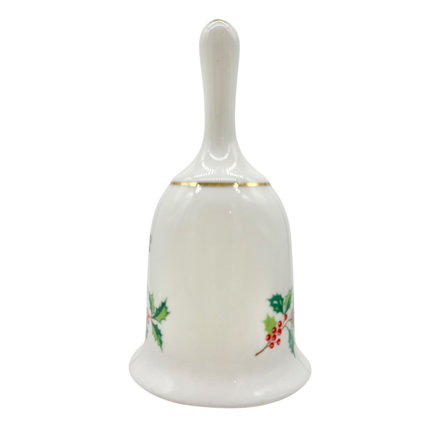 Holiday Greetings Bell Genuine Bone China With Holly Pattern and Gold Trim 5" H