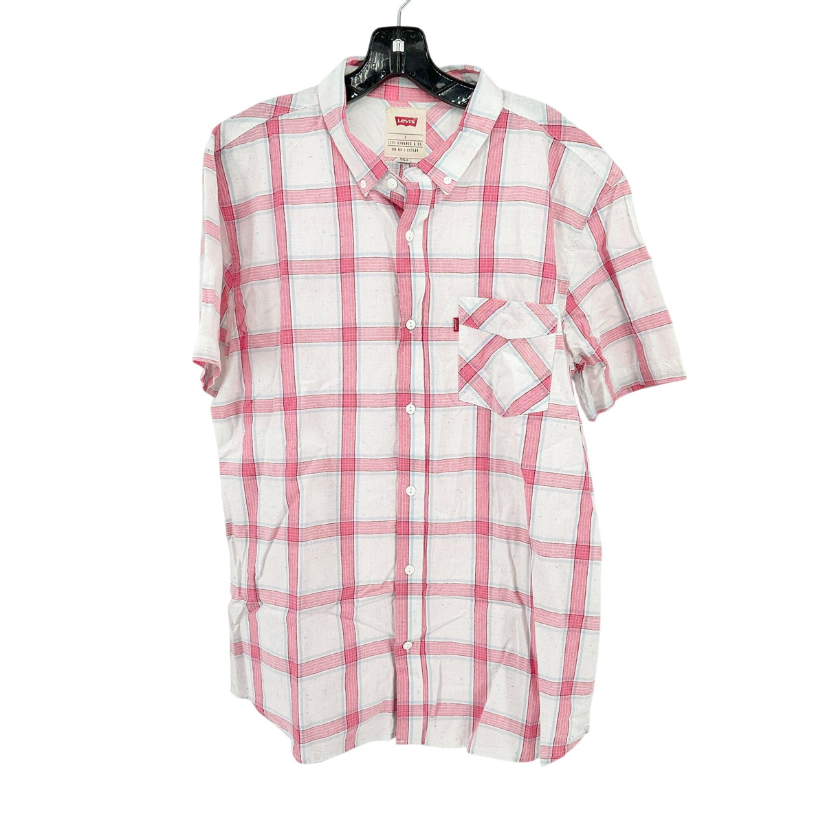 Levis Short Sleeve Shirt Mens L Red and White Plaid Cotton Casual Button Up