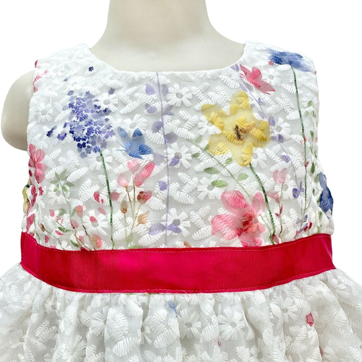 Blueberi Boulevard Child's Dress Size 4T White Stitched Flowers Pink Bow EUC
